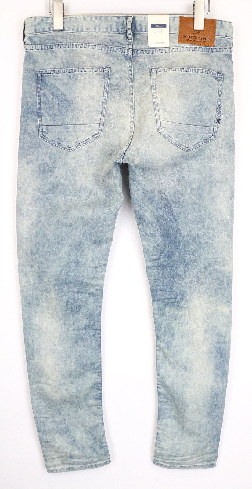 SCOTCH &amp; SODA Skim vyriški džinsai W34/L32 aptempti, tamprūs, mėlyni, skalbto džinso rašto džinsai 