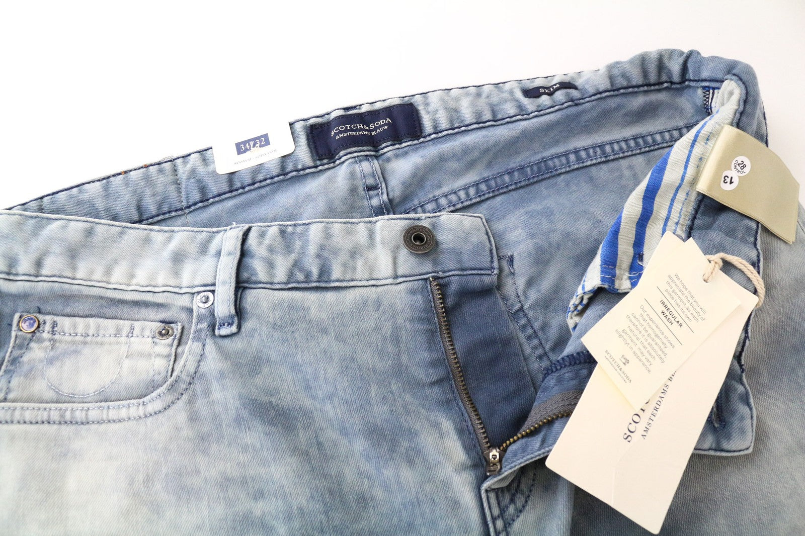 SCOTCH &amp; SODA Skim vyriški džinsai W34/L32 aptempti, tamprūs, mėlyni, skalbto džinso rašto džinsai 