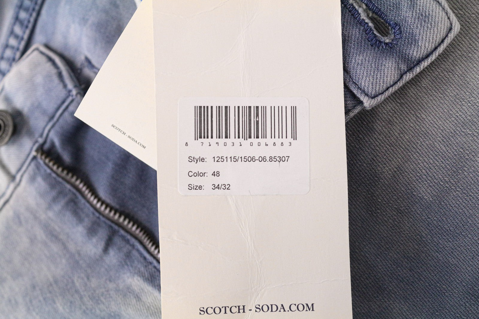 SCOTCH &amp; SODA Skim vyriški džinsai W34/L32 aptempti, tamprūs, mėlyni, skalbto džinso rašto džinsai 