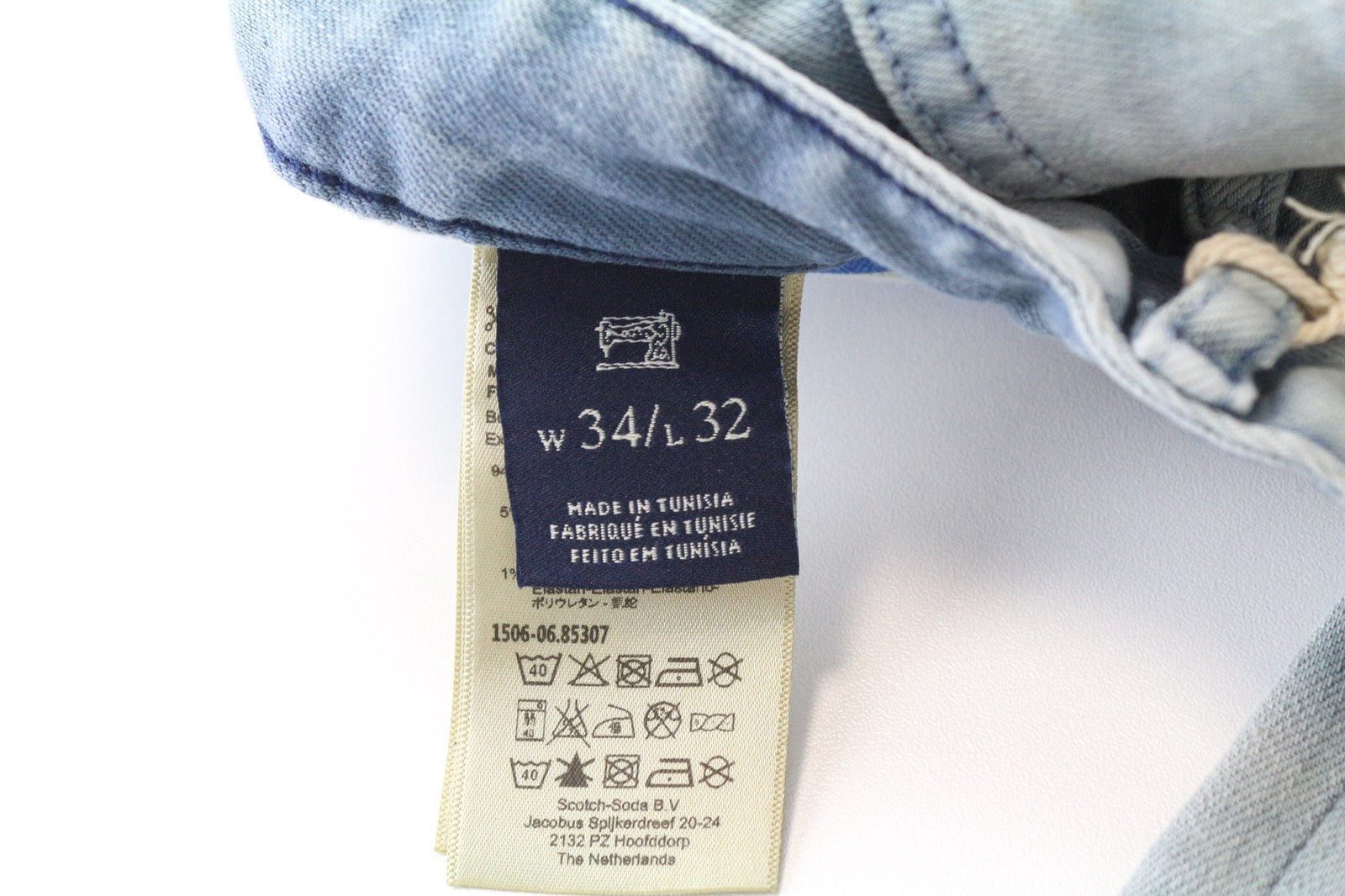 SCOTCH &amp; SODA Skim vyriški džinsai W34/L32 aptempti, tamprūs, mėlyni, skalbto džinso rašto džinsai 