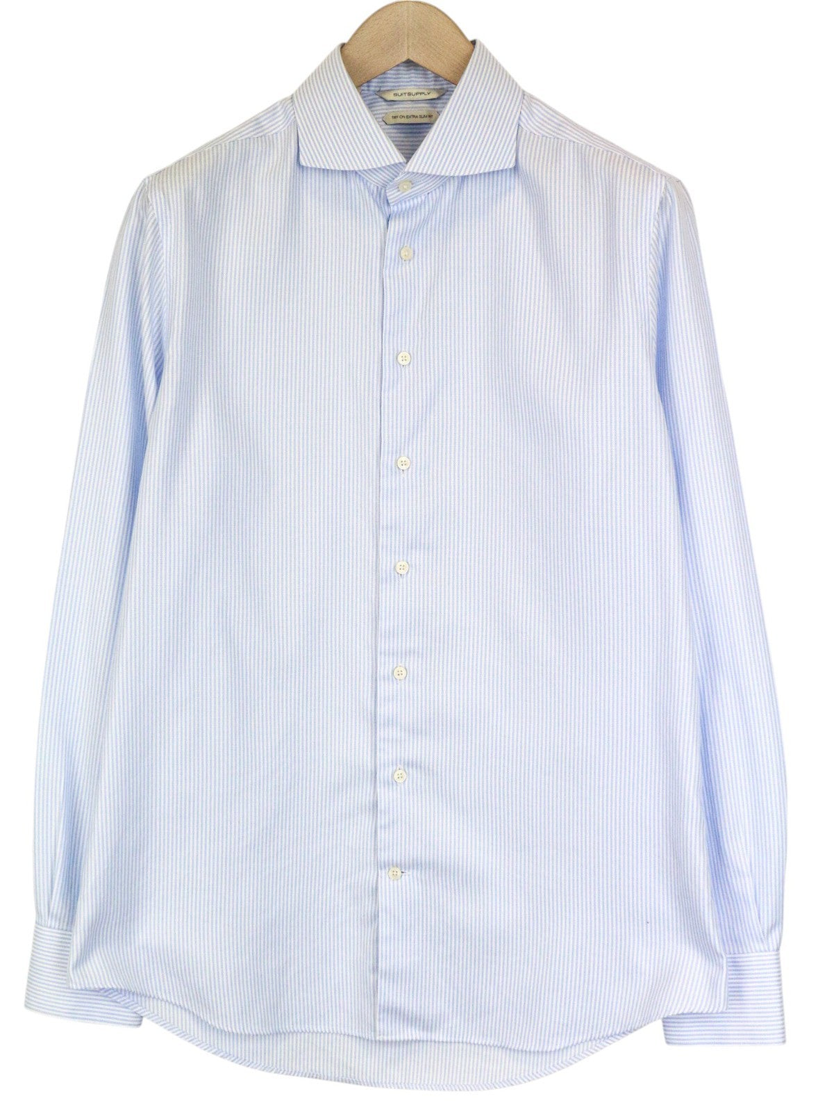 SUITSUPPLY Men's Shirt 42/16.5 Blue Extra Slim Cotton Stripe Long Sleeve