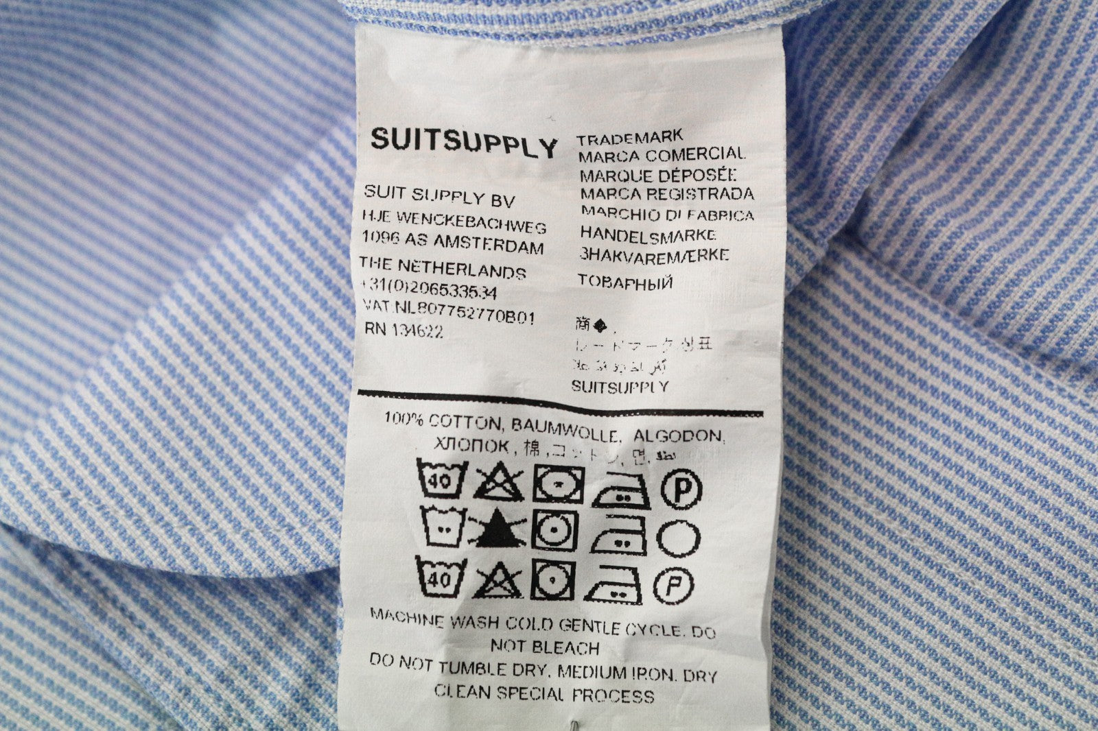 SUITSUPPLY Men's Shirt 37/14.5 Slim Blue Cotton Striped Long Sleeve Formal Top