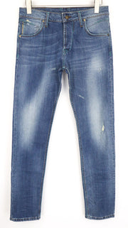 TAKESHY KUROSAWA vyriški džinsai W34 mėlyni, tamprūs, medvilniniai, prigludę, skalbti