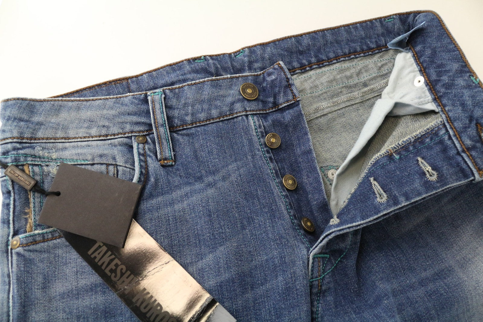 TAKESHY KUROSAWA vyriški džinsai W36 mėlyni, tamprūs, medvilniniai, prigludę, skalbti 