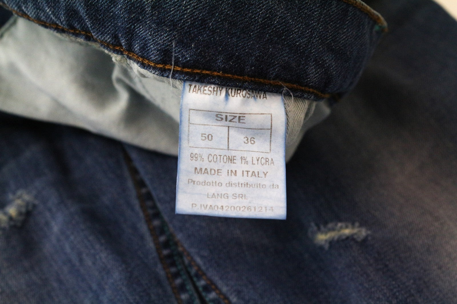 TAKESHY KUROSAWA vyriški džinsai W36 mėlyni, tamprūs, medvilniniai, prigludę, skalbti 