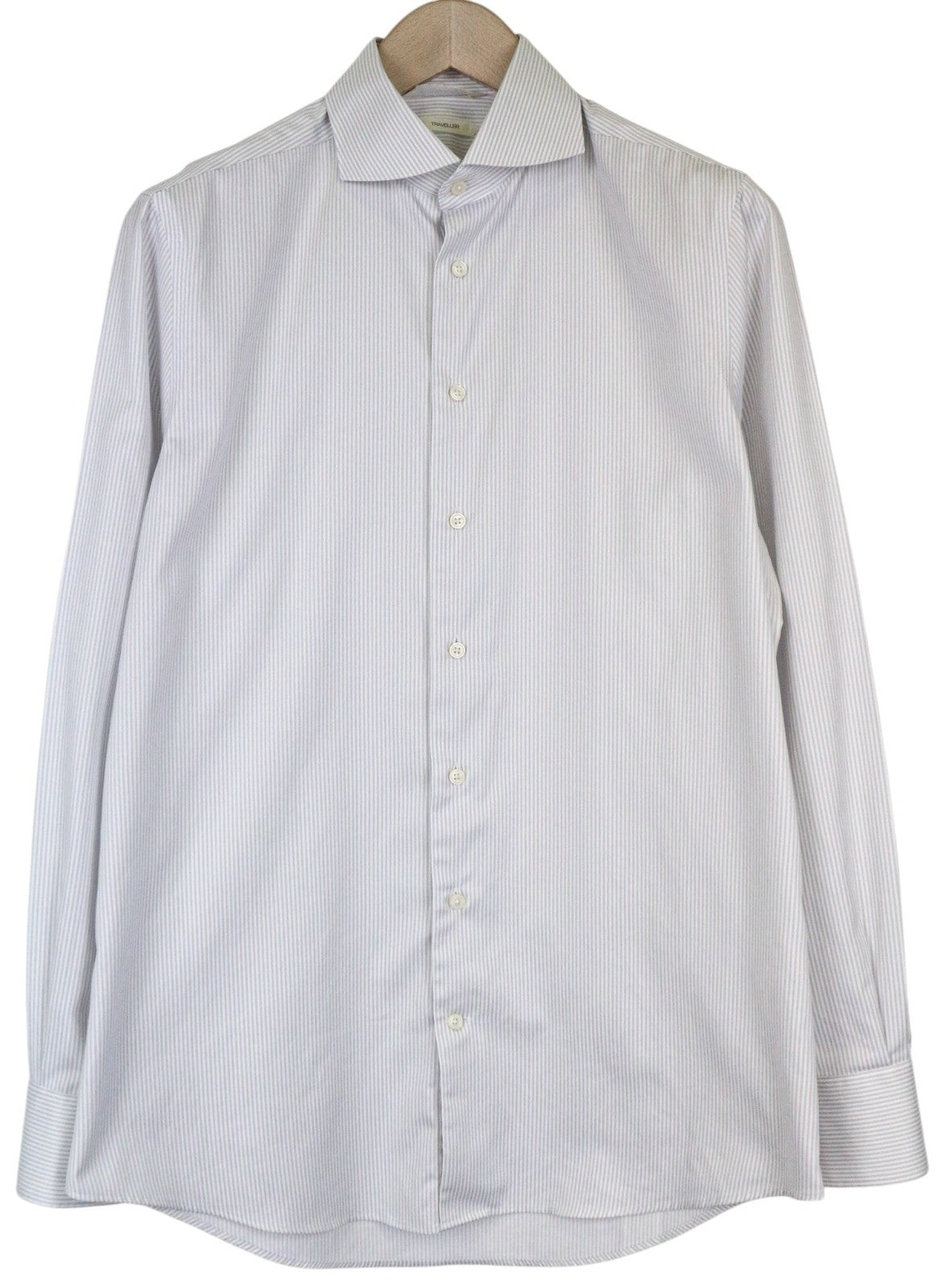 „SUITSUPPLY Traveller“ vyriški formalūs marškiniai, 39/15,5, ploni pilki, balti dryžuoti, iškirpti 