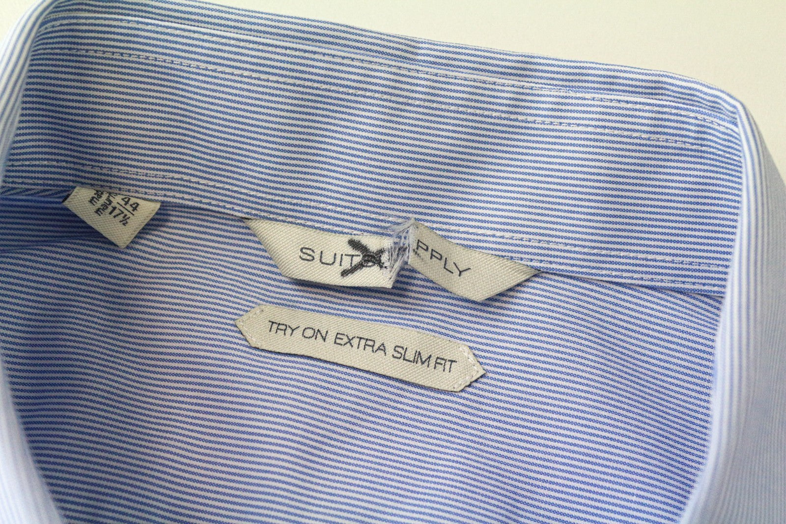 SUITSUPPLY Men's Formal Shirt 44/17.5 Extra Slim Blue Cotton Striped