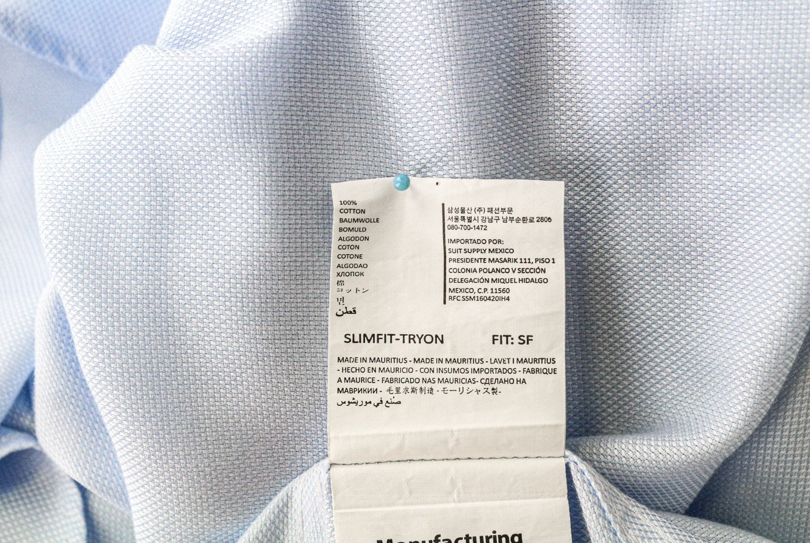 SUITSUPPLY Men's Formal Shirt 43-7/17L Slim Blue Cotton Button-Up Long Sleeve