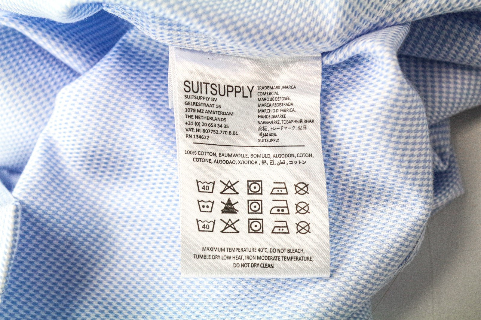 „SUITSUPPLY Traveller“ vyriški formalūs marškiniai, 41/16, ploni, mėlyni, raštuoti medvilniniai marškiniai 