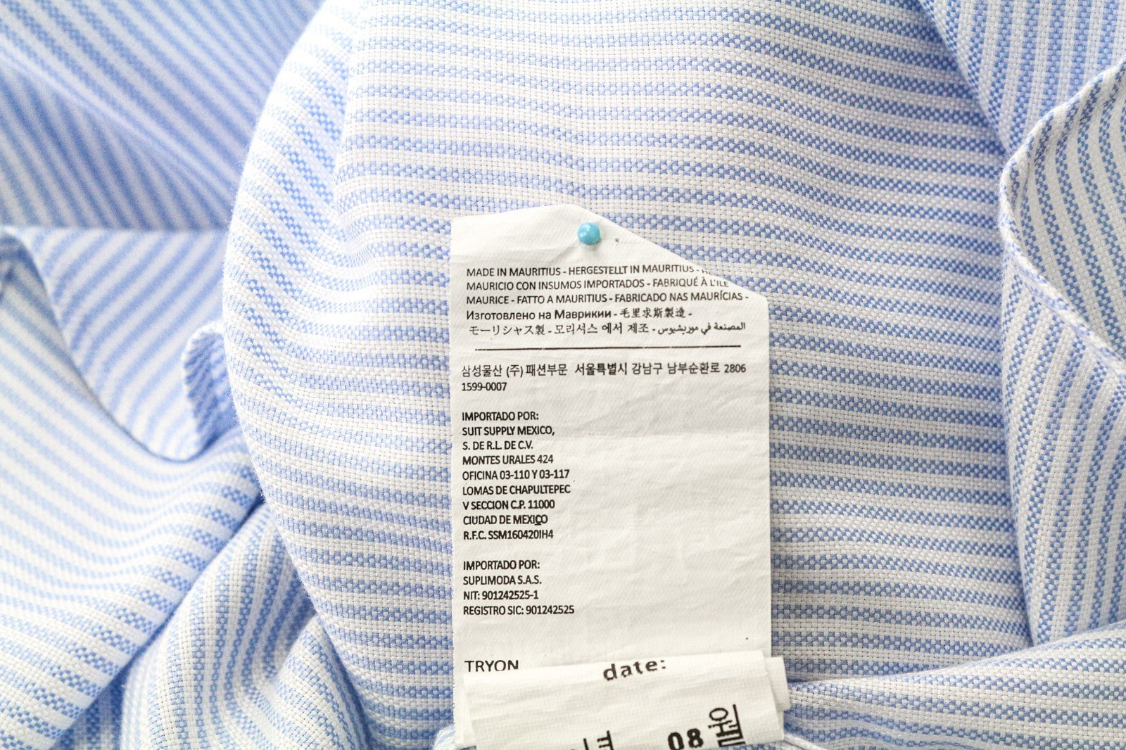 SUITSUPPLY Men's Formal Shirt 45/17.75 Extra Slim Blue Cotton Striped Cutaway