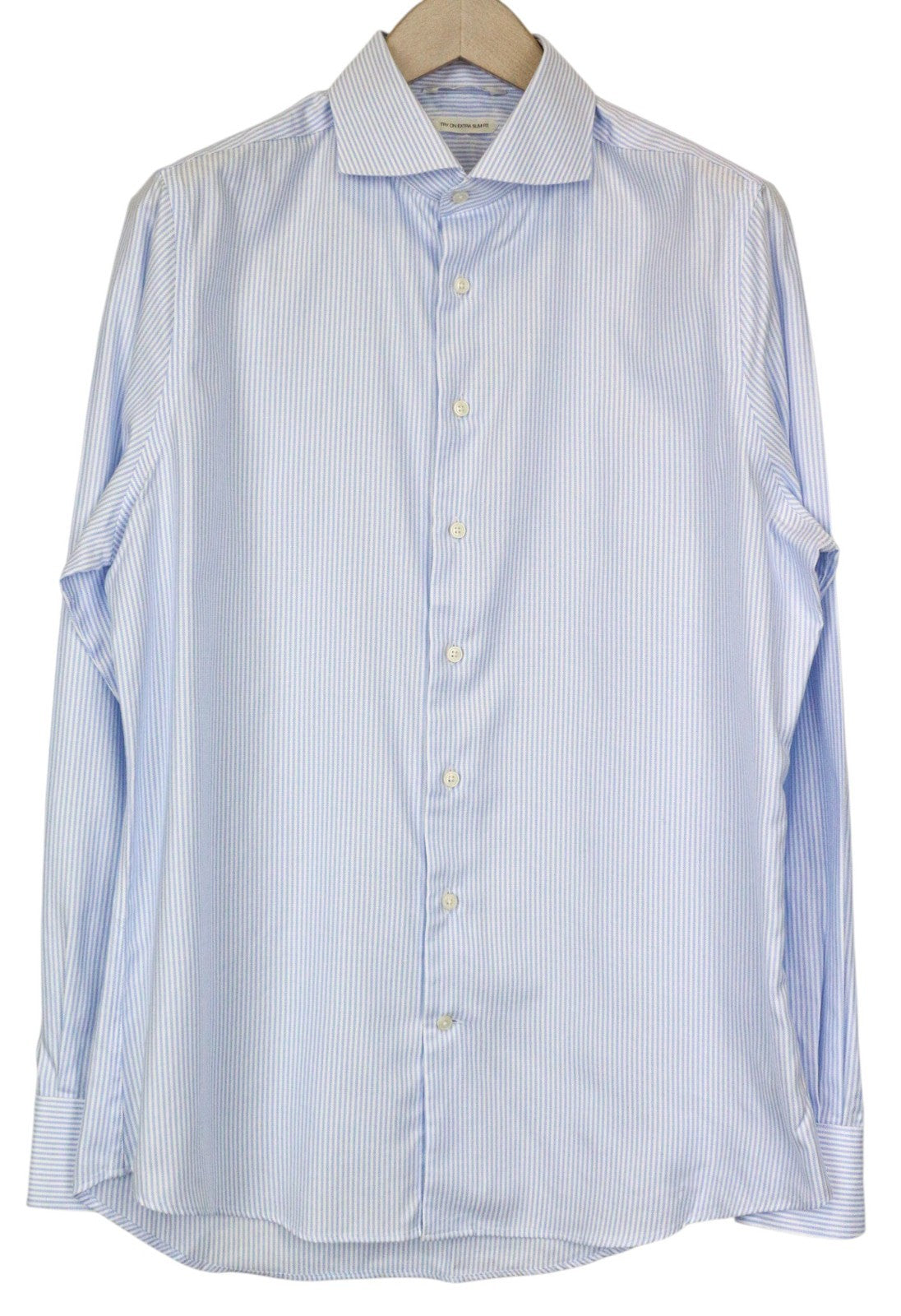 SUITSUPPLY Men's Formal Shirt 42/16.5 Extra Slim Blue Cotton Striped Classic