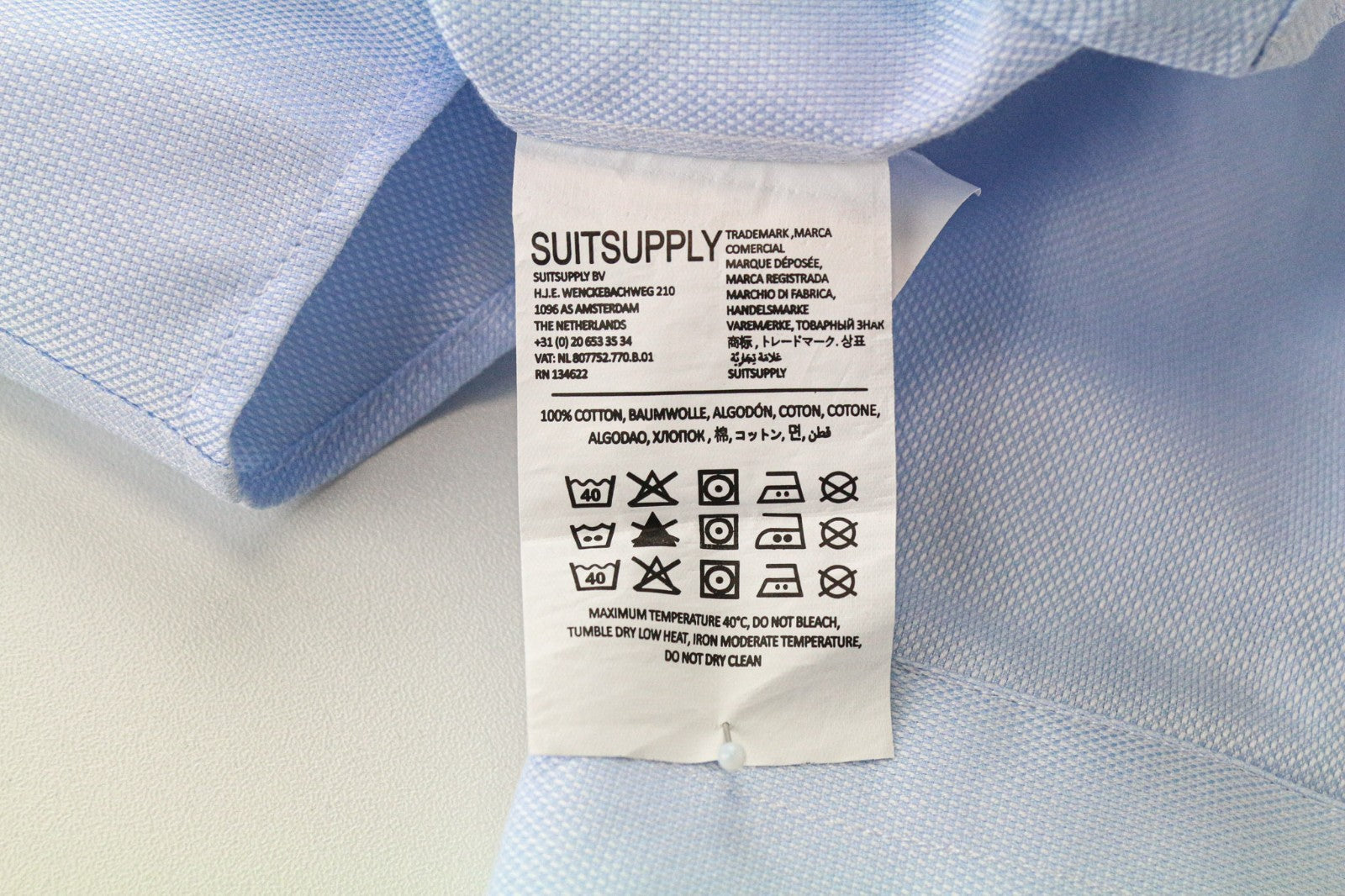 SUITSUPPLY Men's Formal Shirt 37/14.5 Slim Blue Cotton Cutaway Long Sleeve