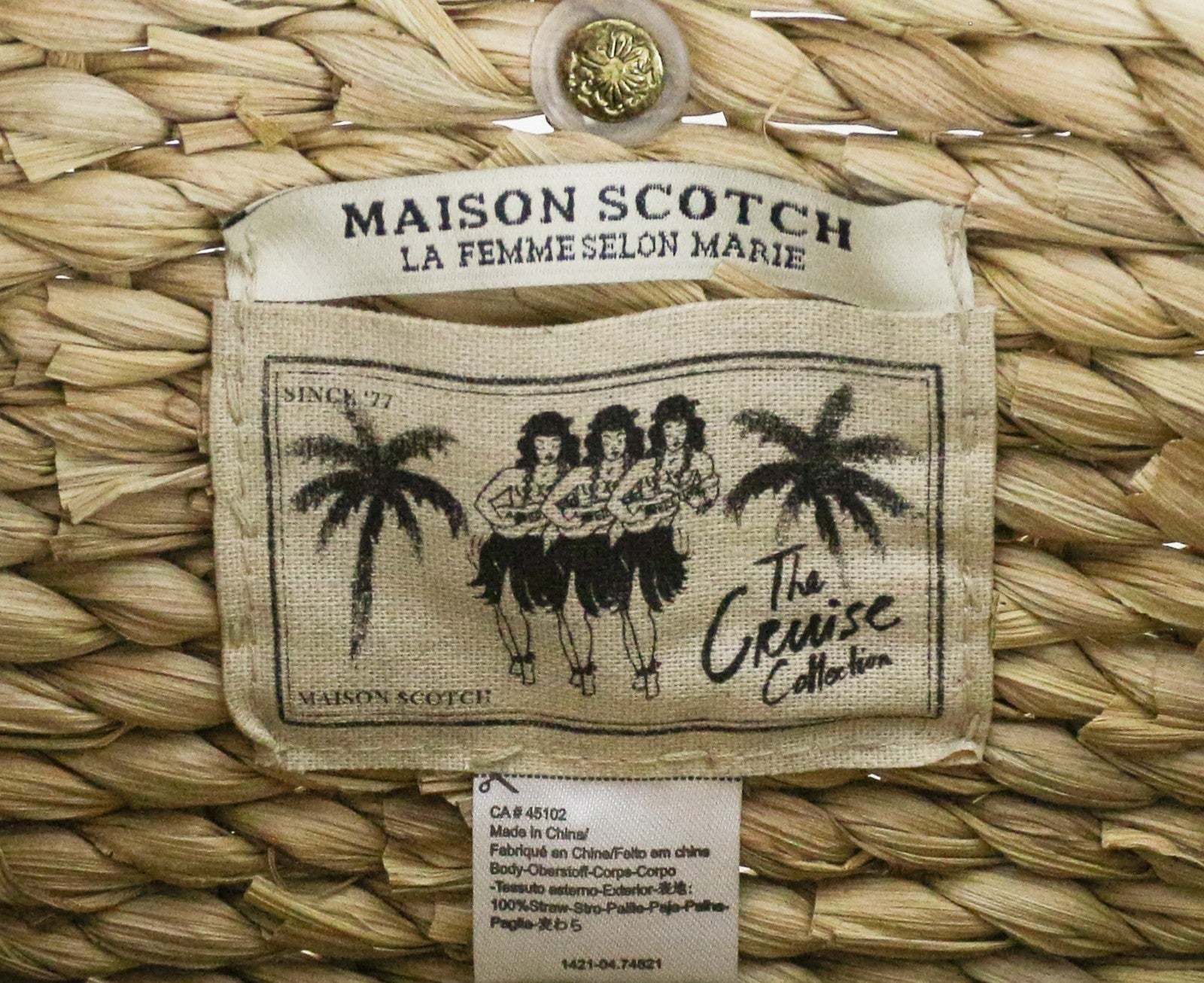 MAISON SCOTCH moteriškas krepšys OS šviesiai rudos spalvos šiaudinis pintas vasarinis delninukas su sagomis 