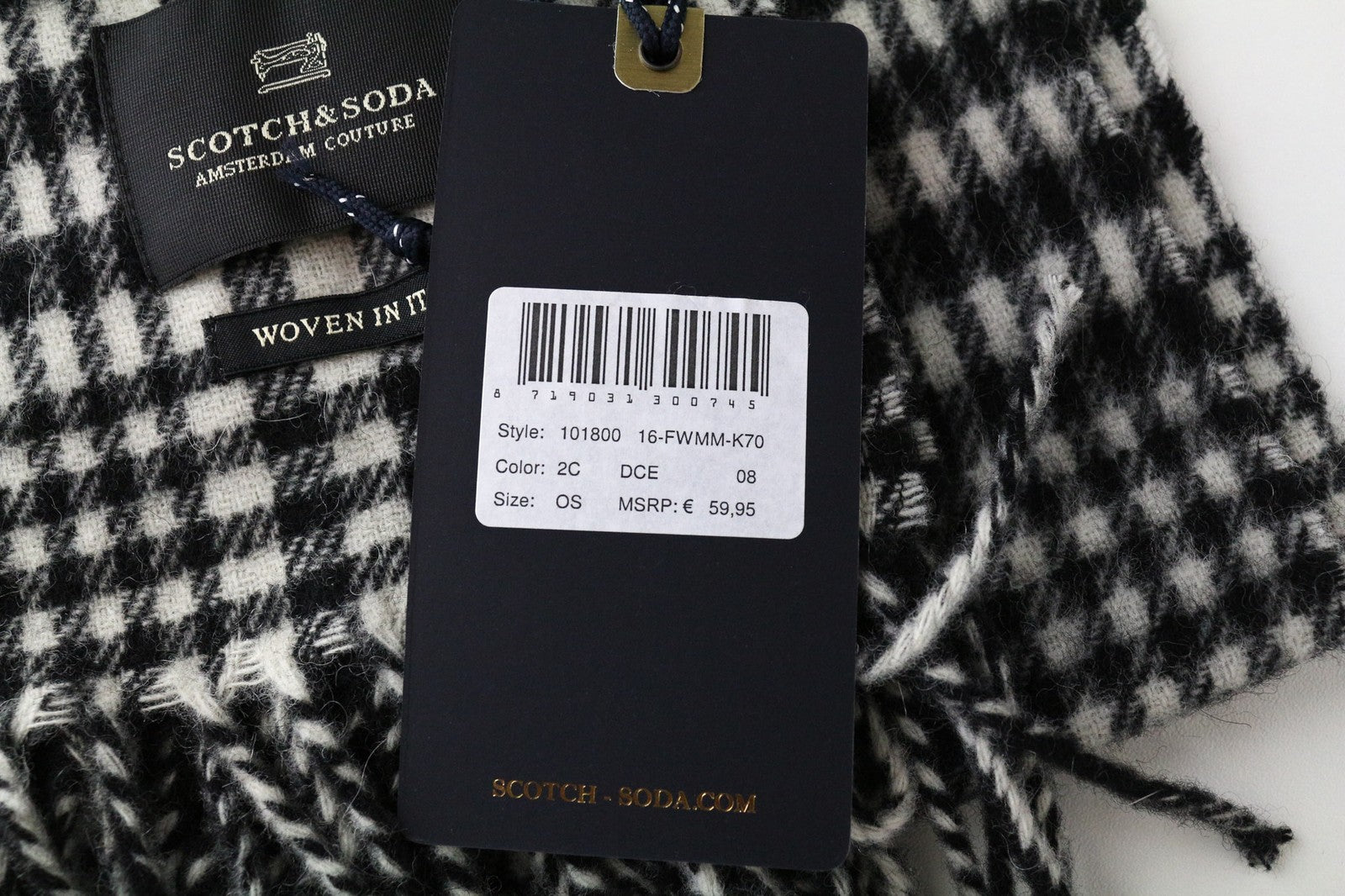 SCOTCH &amp; SODA vyriškas šalikas OS pilkas unisex vilnos mišinio tartano languotas kutais 