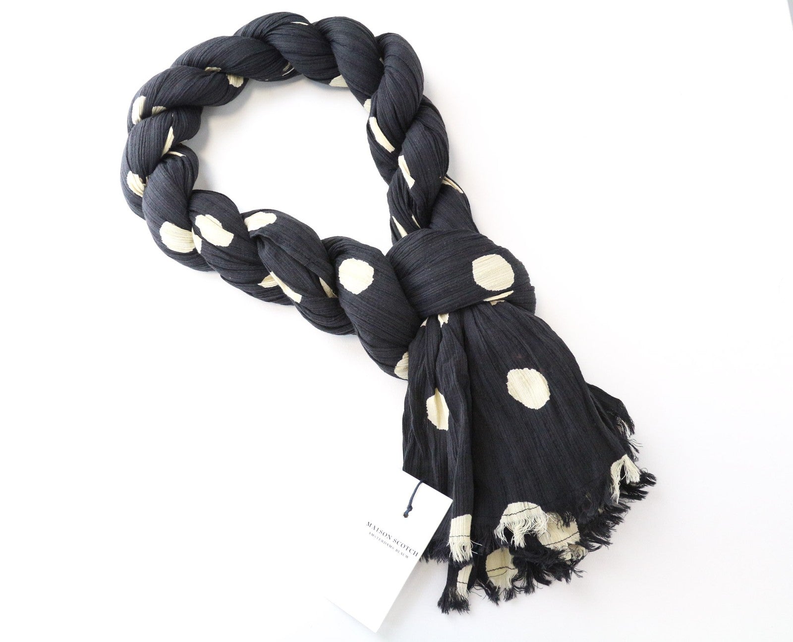 MAISON SCOTCH moteriškas šalikas OS juodas grynos medvilnės taškuotas lengvas 