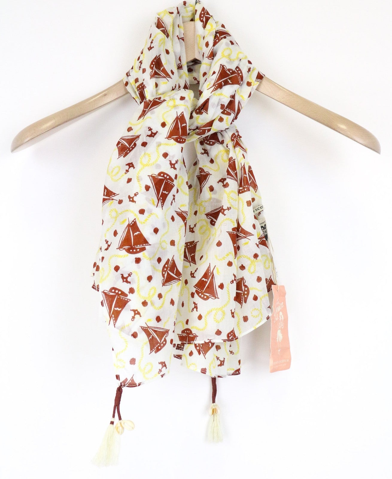 MAISON SCOTCH moteriškas šalikas OS baltas grynos medvilnės burlaivio rašto kutais 