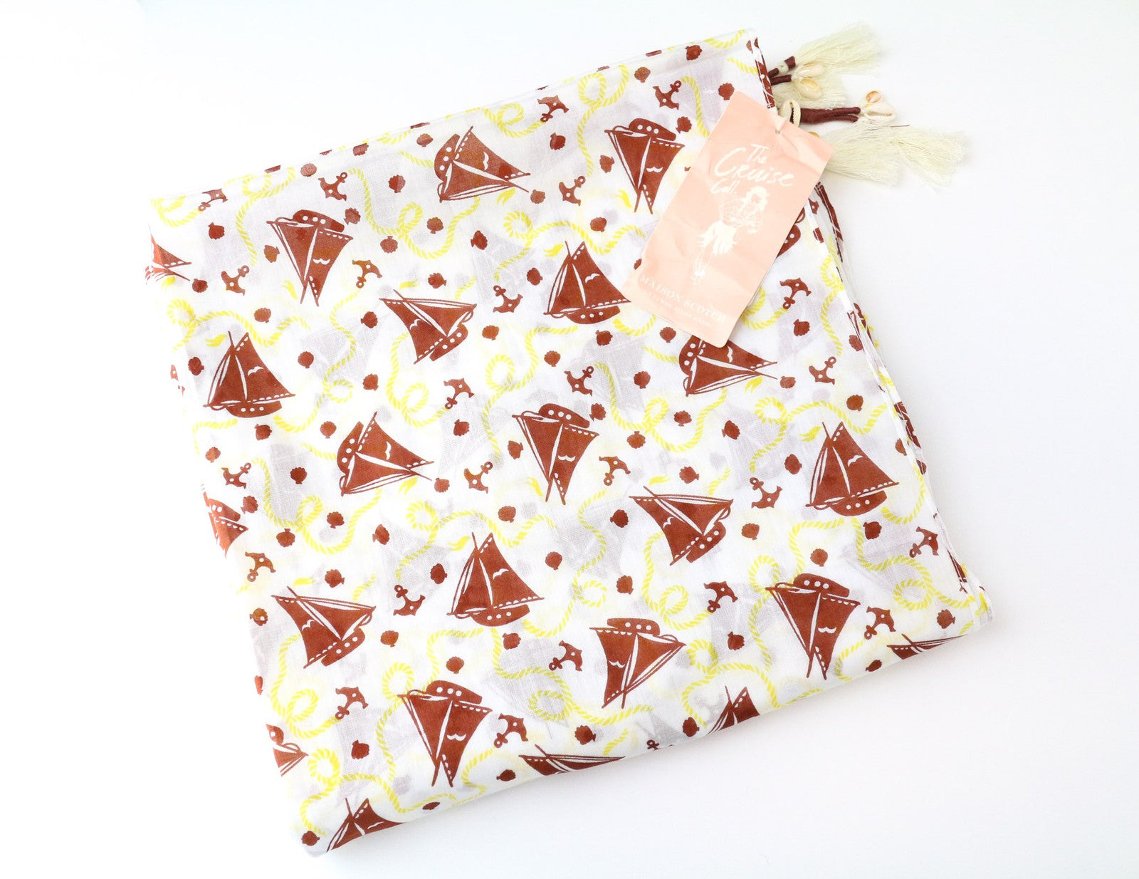 MAISON SCOTCH moteriškas šalikas OS baltas grynos medvilnės burlaivio rašto kutais 