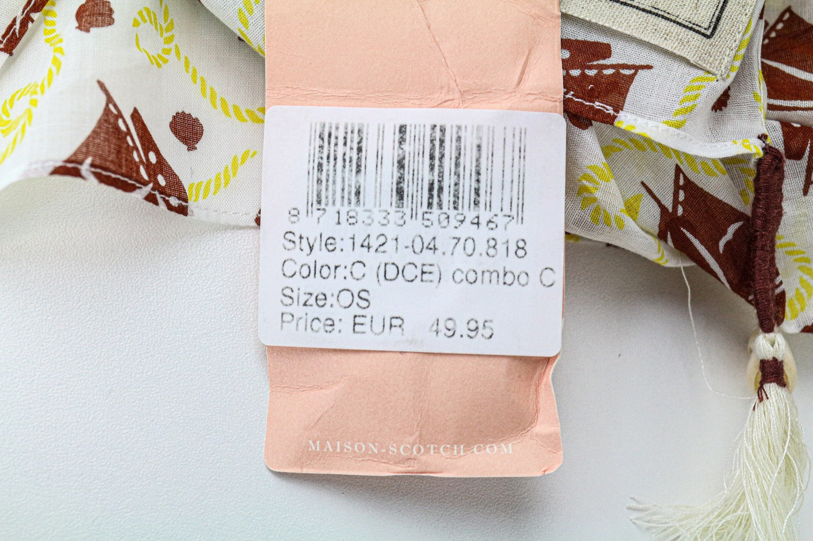 MAISON SCOTCH moteriškas šalikas OS baltas grynos medvilnės burlaivio rašto kutais 