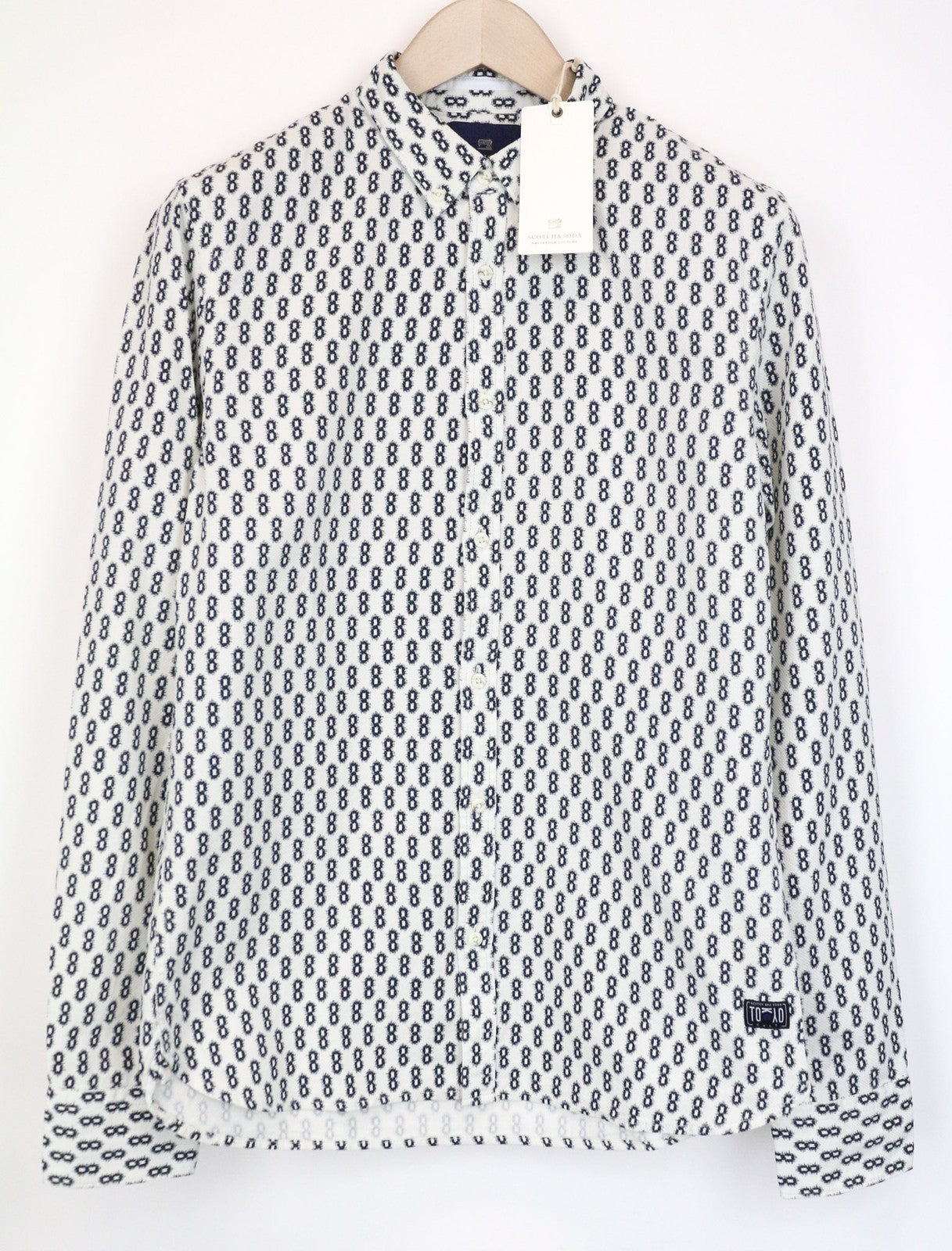 SCOTCH &amp; SODA vyriški marškinėliai M su sagomis, tamsiai mėlyni, klasikinio abstraktaus rašto, medvilniniai