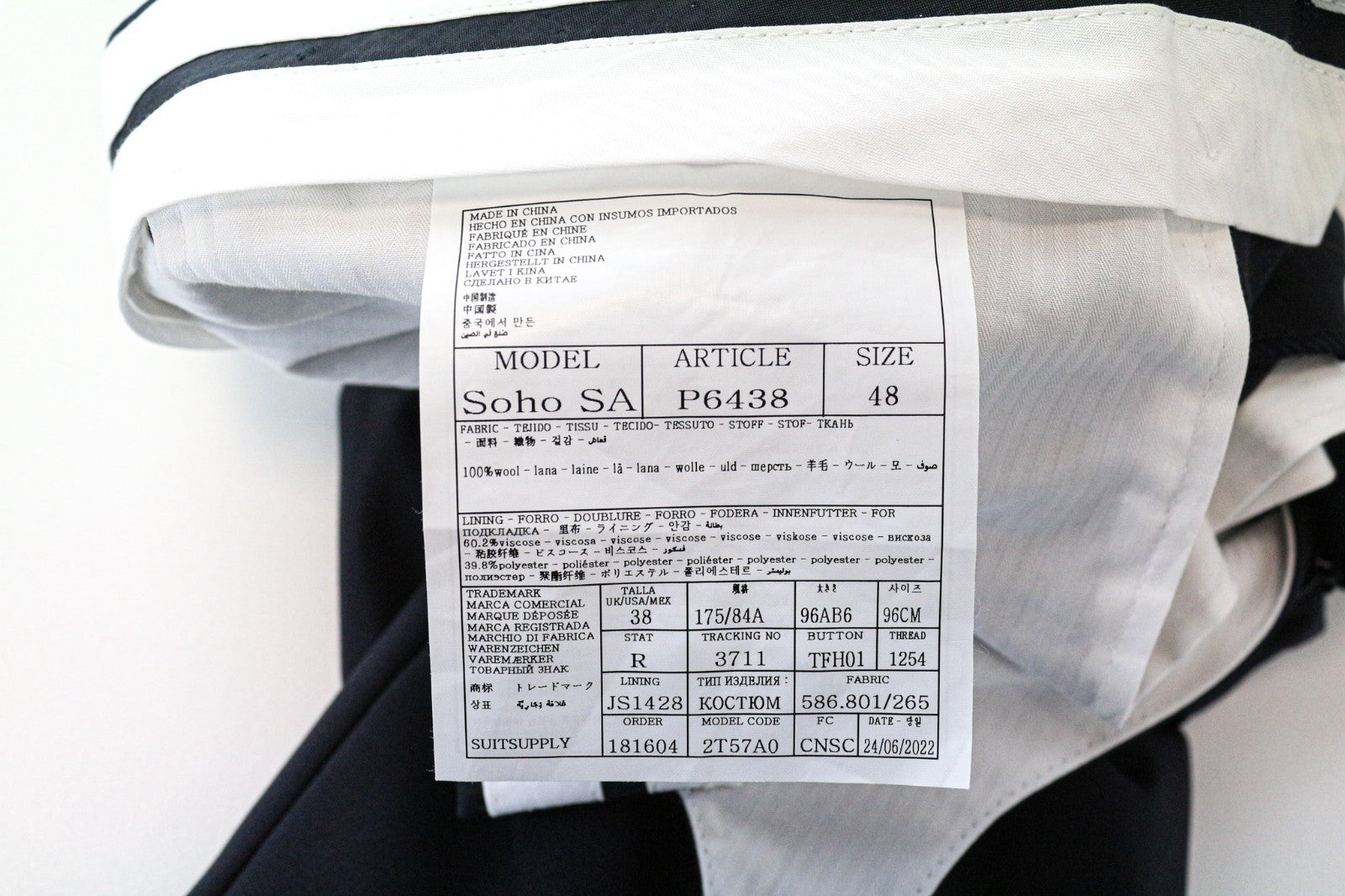 SUITSUPPLY Ferrara Men Suit UK38R Blue Slim 2-Piece Wool V-Neck Twill