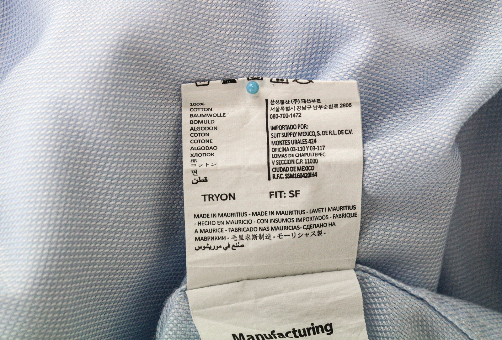 SUITSUPPLY Men's Formal Shirt 40-7/15 3/4L Slim Blue Cotton Classic Button-Up