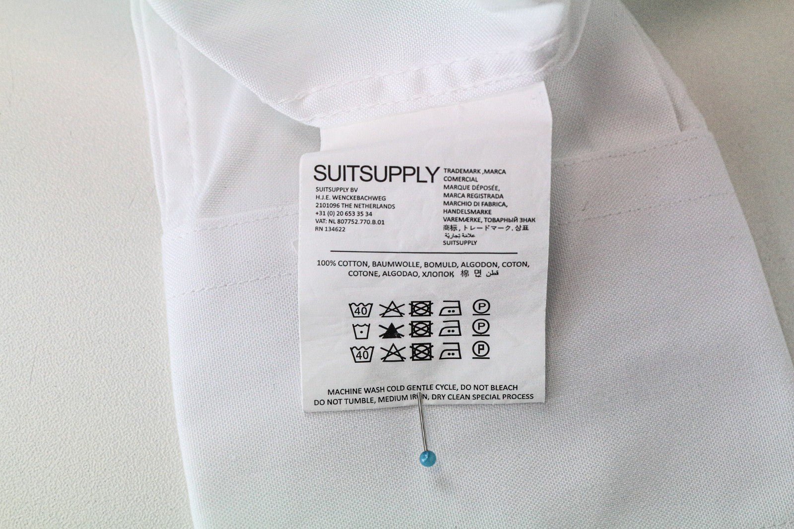 „SUITSUPPLY“ vyriški formalūs marškiniai, 39 cm, balti, ploni, grynos medvilnės dryžuoti marškiniai su sagomis 