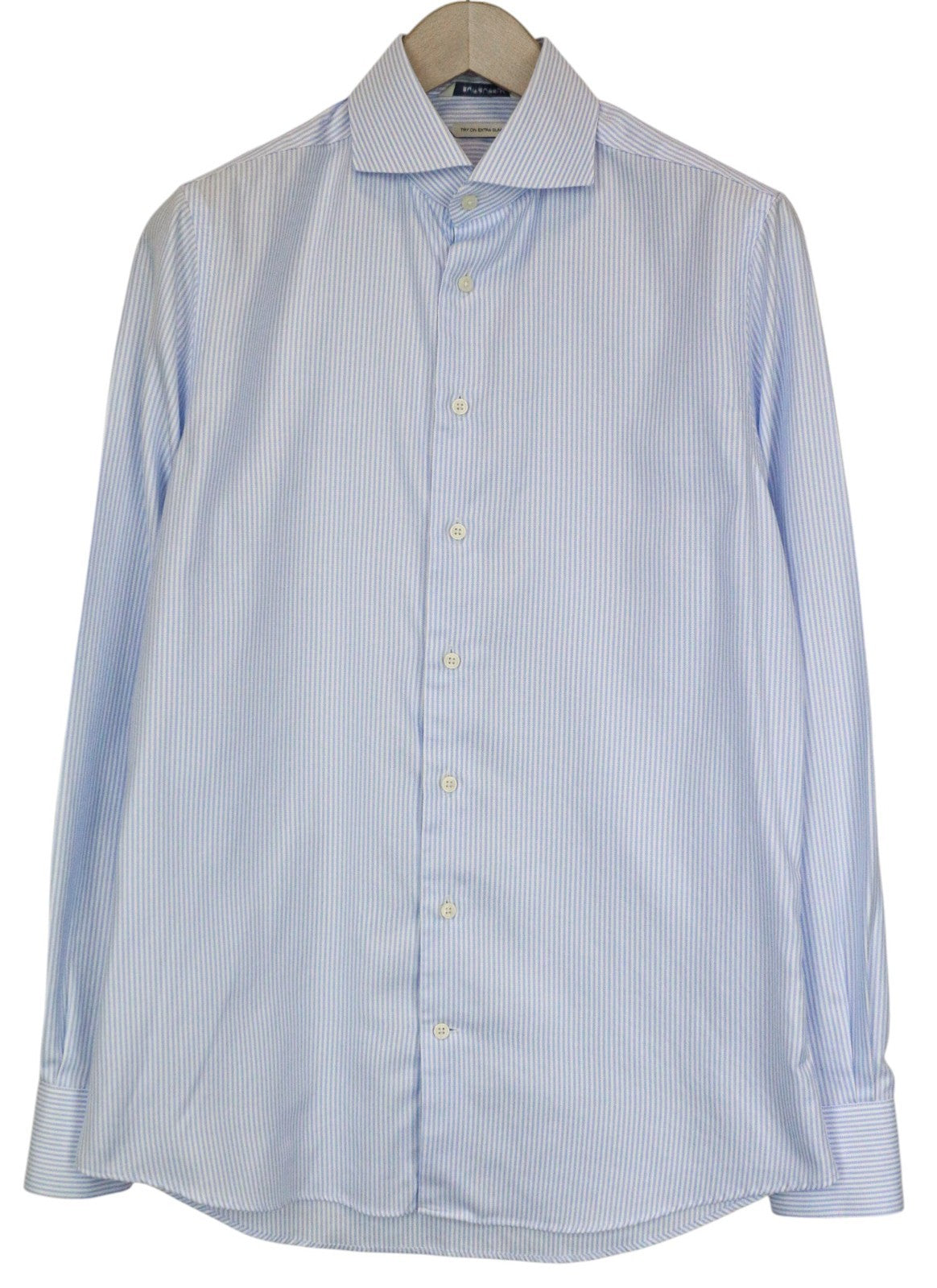 SUITSUPPLY Men's Formal Shirt 40/15 3/4 Extra Slim Blue Cotton Stripe Patterned