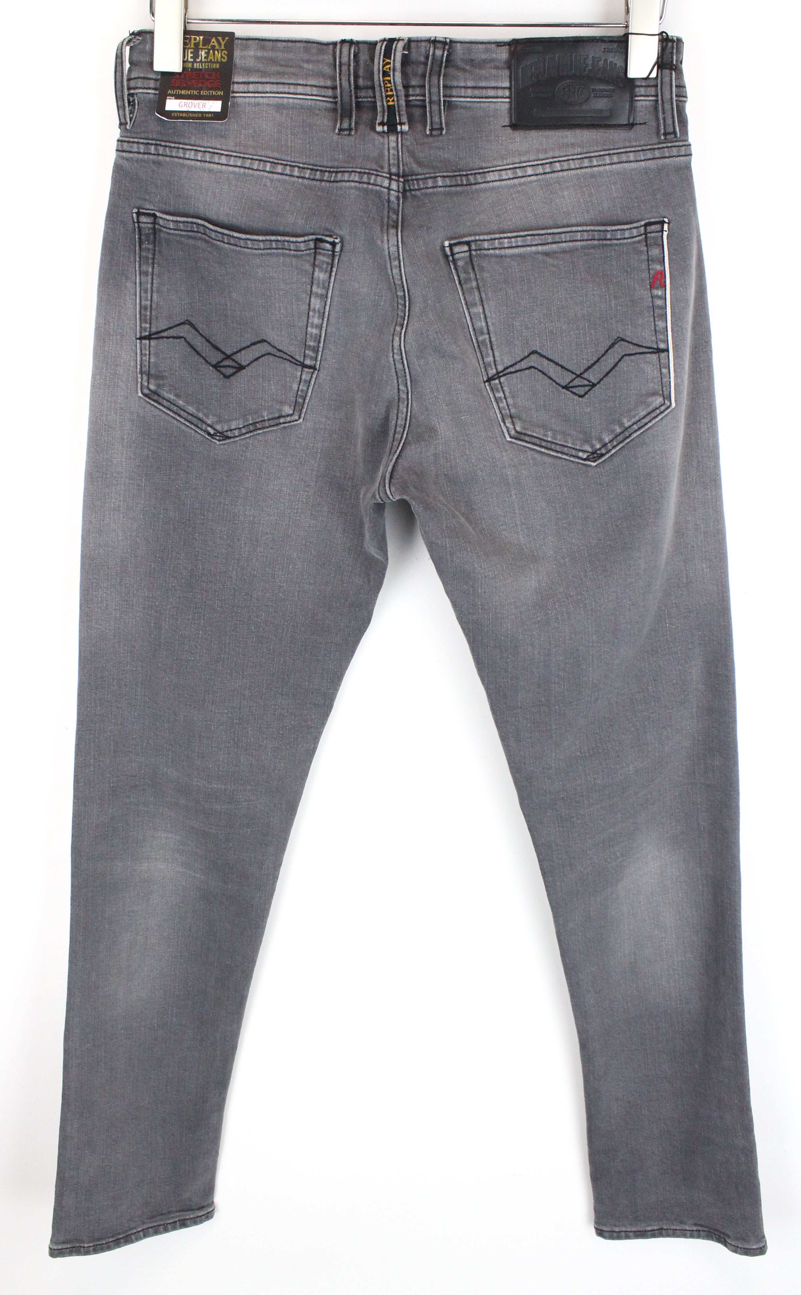 REPLAY Grover Men Jeans W29/L32 Straight Fit Cotton Stretch Grey Selvedge