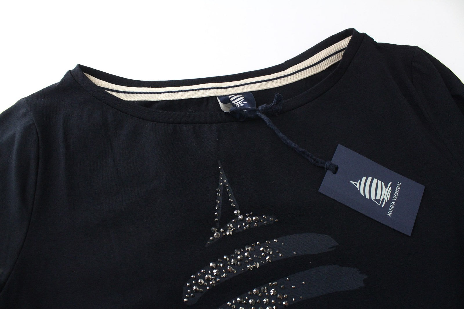 MARINA YACHTING moteriški marškinėliai S dydžio, juodi medvilniniai, apvalios iškirptės ir megztiniai su cirkoniais 