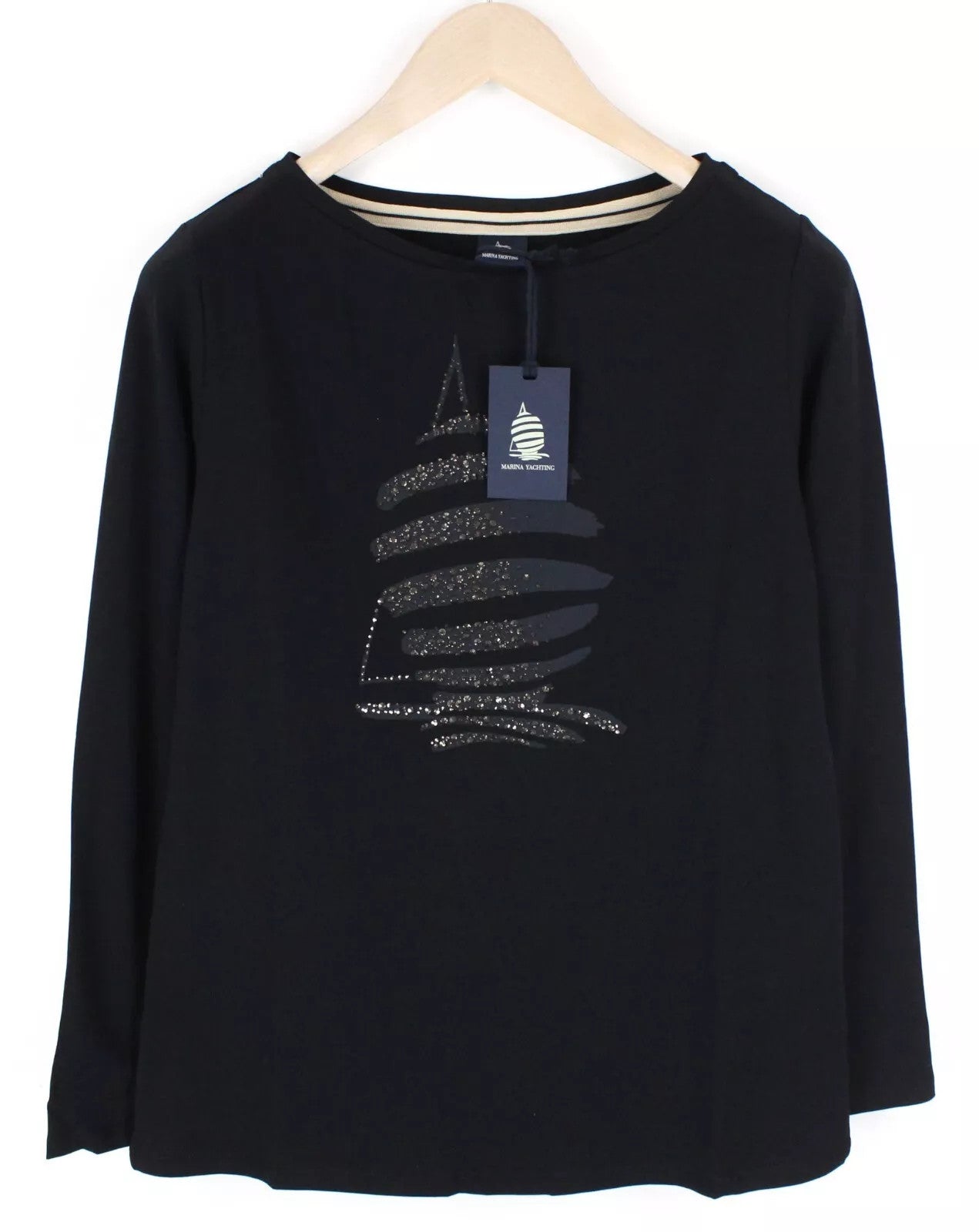 MARINA YACHTING WOMEN Black Logo Tee S Stretch Cotton Round Neck T-Shirt