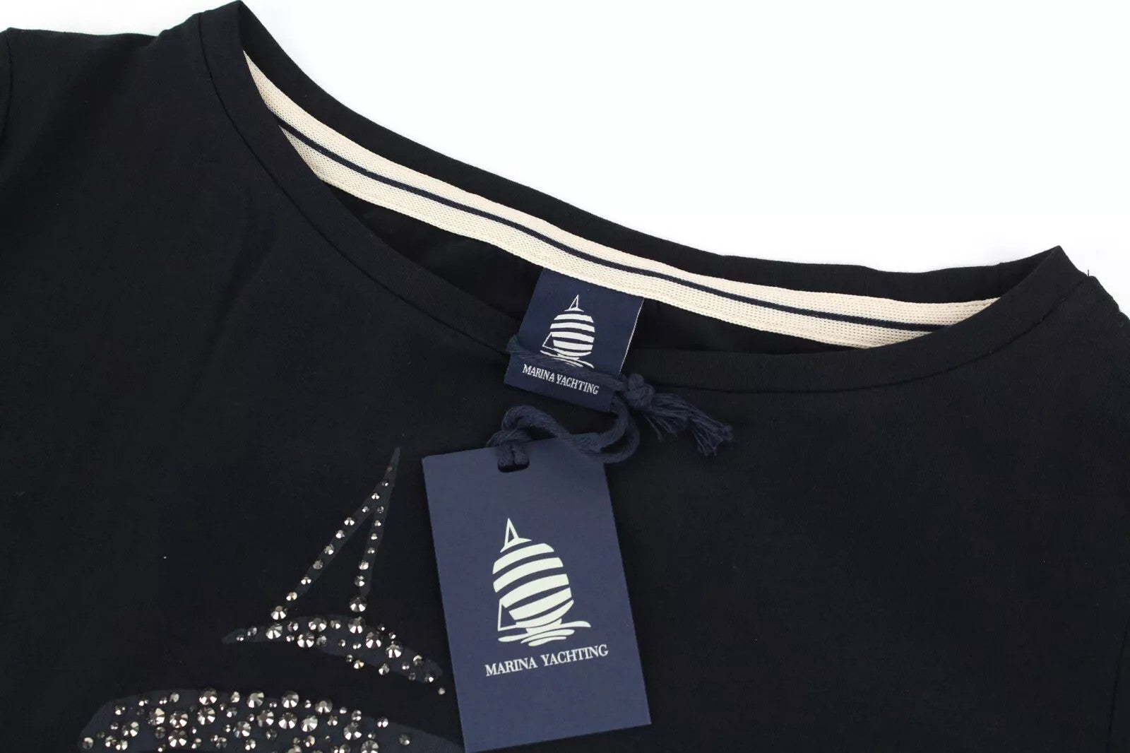 MARINA YACHTING WOMEN Black Logo Tee S Stretch Cotton Round Neck T-Shirt