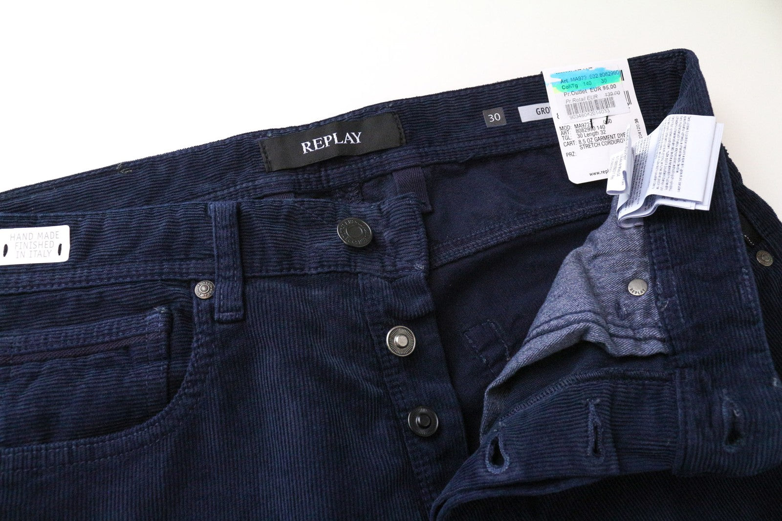 REPLAY Grover vyriškos velveto kelnės W30/L32 mėlynos tiesios medvilnės tamprios kelnės