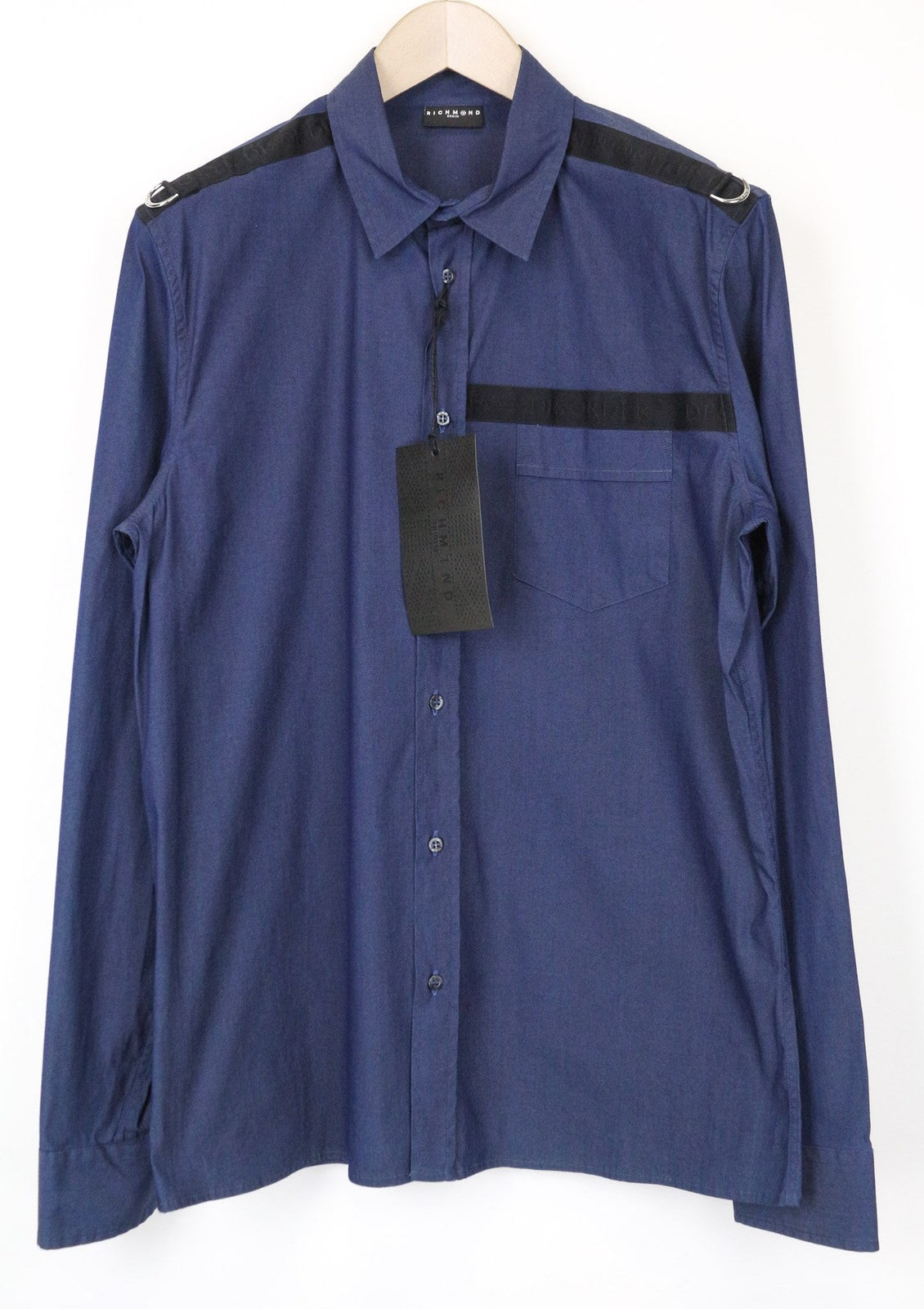 RICHMOND vyriški marškinėliai L dydžio mėlyni medvilniniai tamprūs marškinėliai su apykakle ir ilgomis rankovėmis bei kišenėmis 