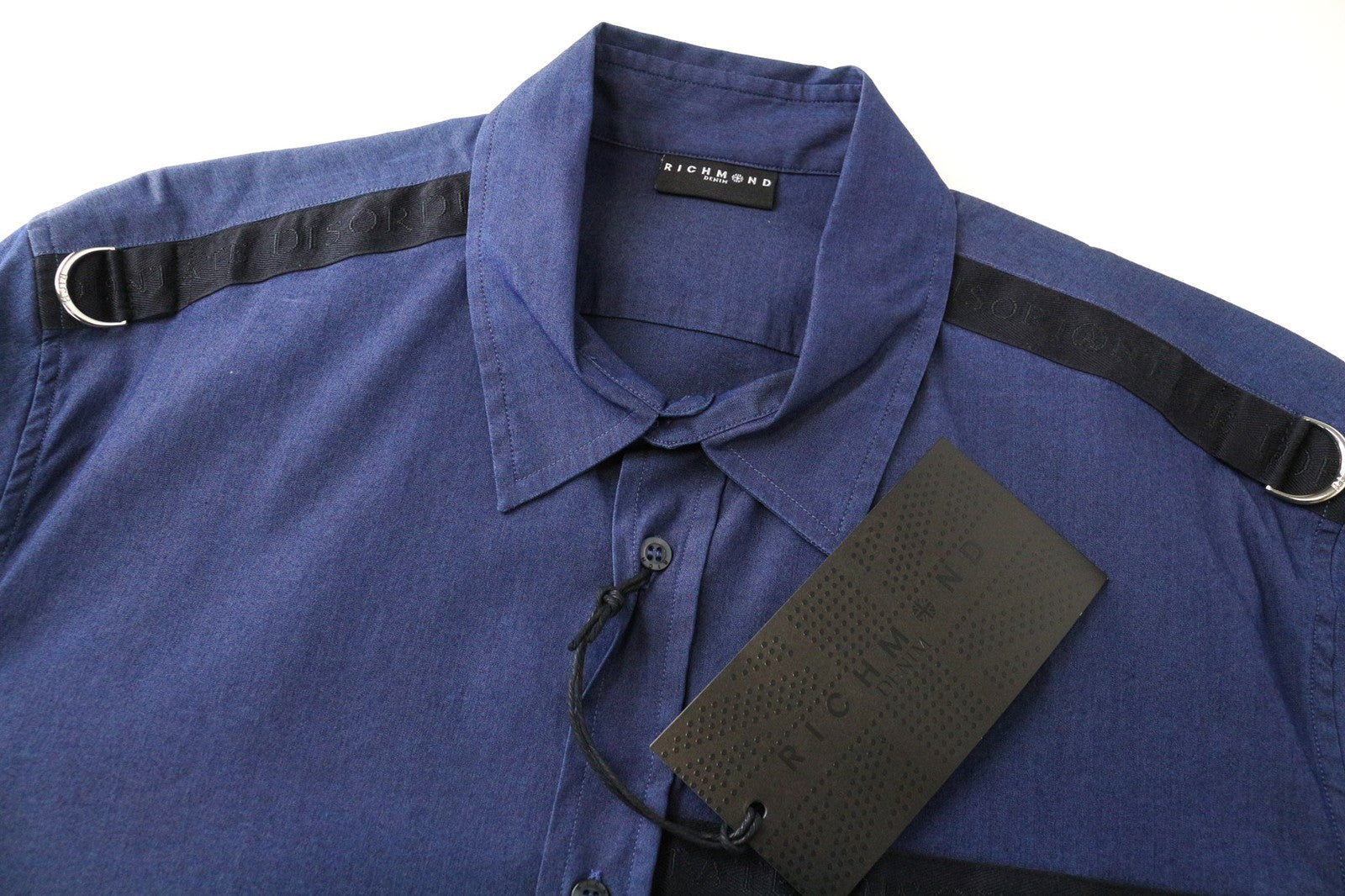 RICHMOND vyriški marškinėliai L dydžio mėlyni medvilniniai tamprūs marškinėliai su apykakle ir ilgomis rankovėmis bei kišenėmis 