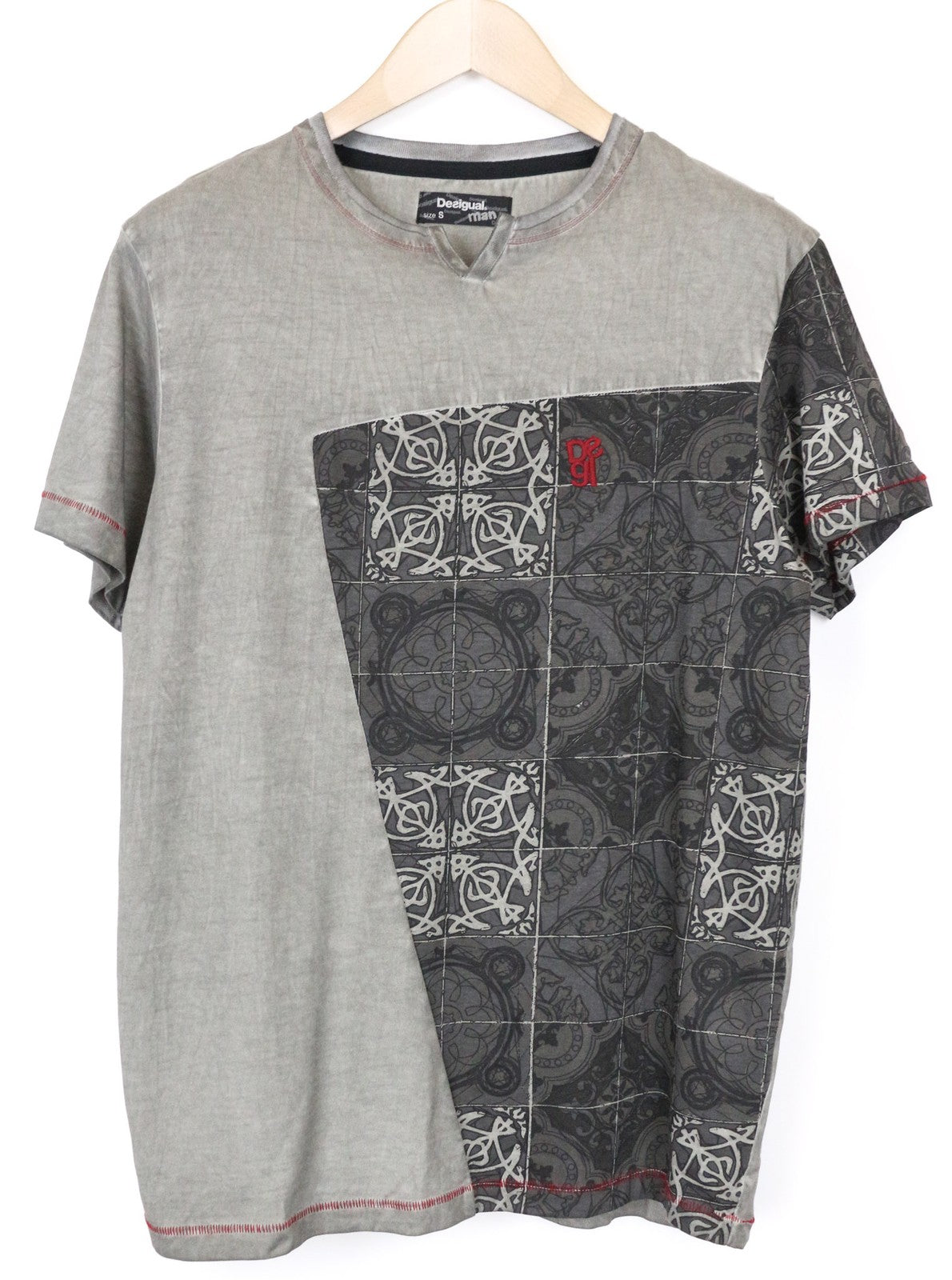 DESIGUAL Catai Men's T-Shirt S Grey Pure Cotton Short Sleeve Patterned Top