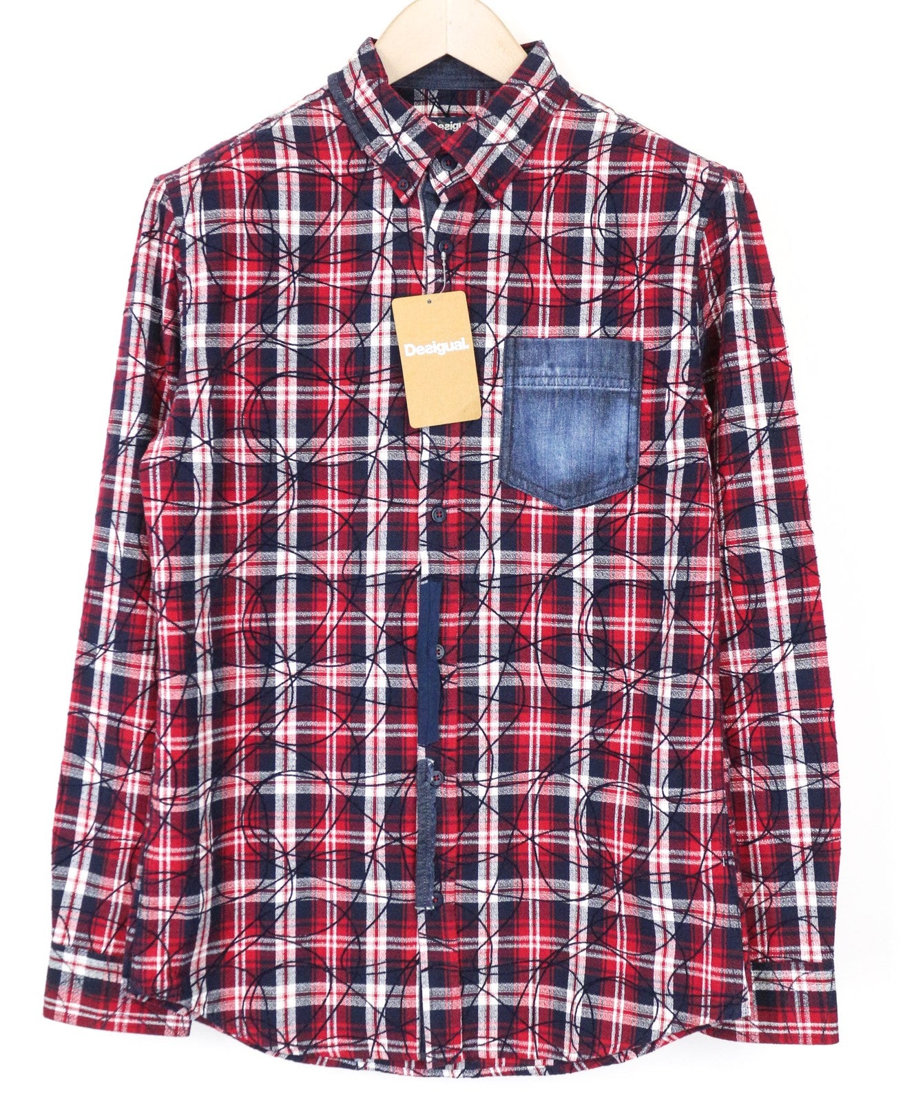 DESIGUAL Juli vyriški marškiniai S languoti grynos medvilnės ilgomis rankovėmis su kišene priekyje