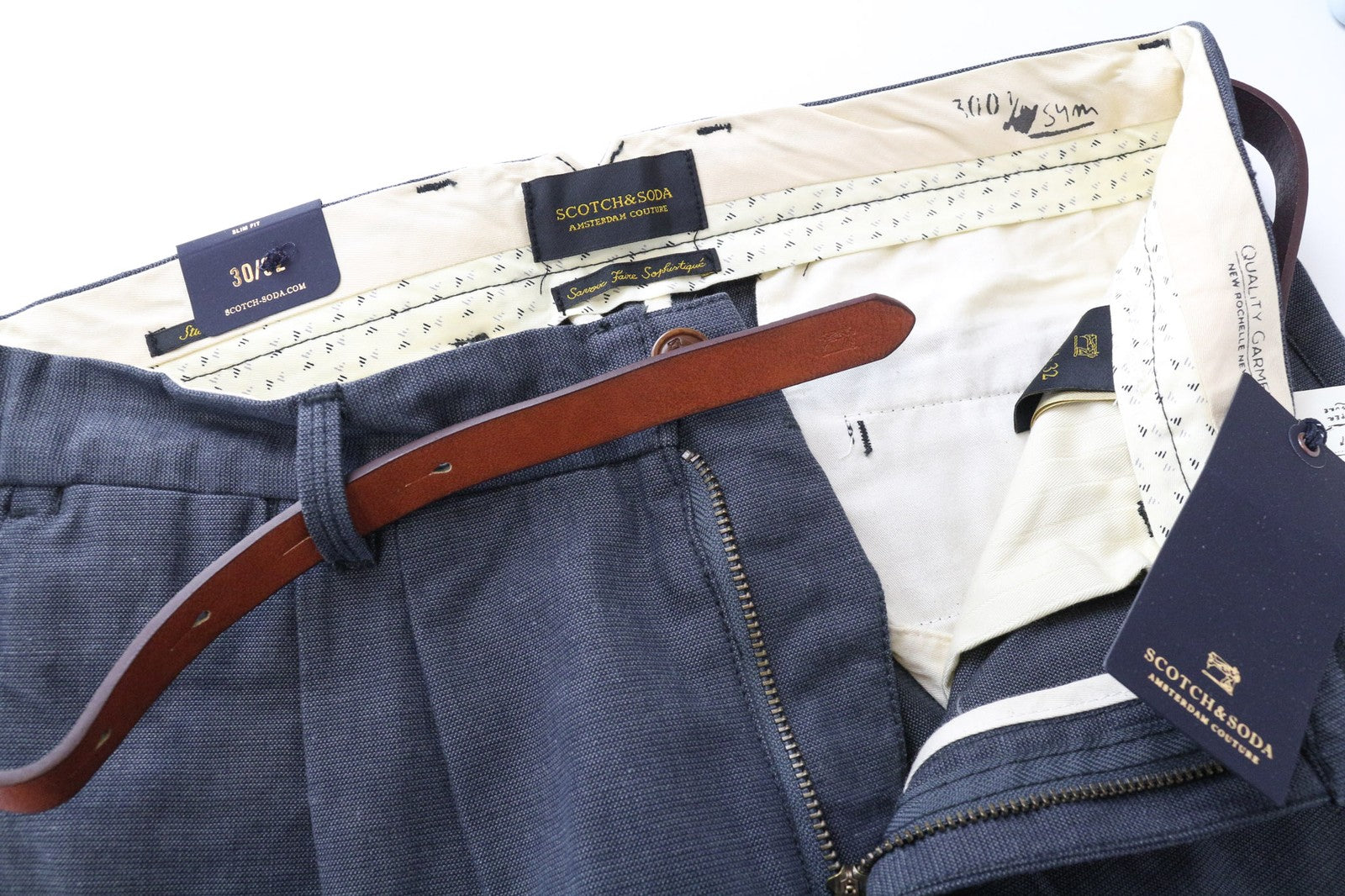 SCOTCH &amp; SODA Stuart vyriškos kelnės W30/L32 Slim klostuotos pilkšvai mėlynos medvilnės