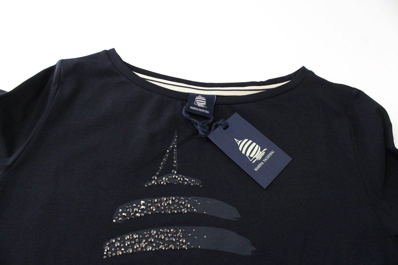 MARINA YACHTING moteriški marškinėliai S juodi medvilniniai apvalios kaklo iškirptės su cirkonio logotipu