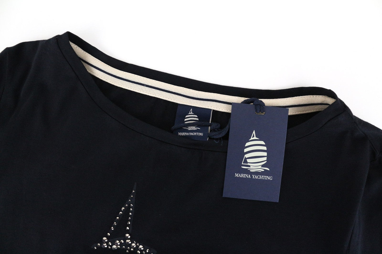 MARINA YACHTING MOTERIŠKI Marškinėliai S Juodi Medvilniniai Megztiniai Apvali Kaklo Iškirpte Logo Klasikiniai
