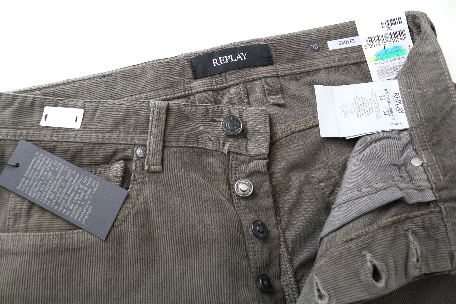REPLAY Grover vyriškos kelnės W30/L34 tiesios rudos velveto medvilnės tamprios kelnės 