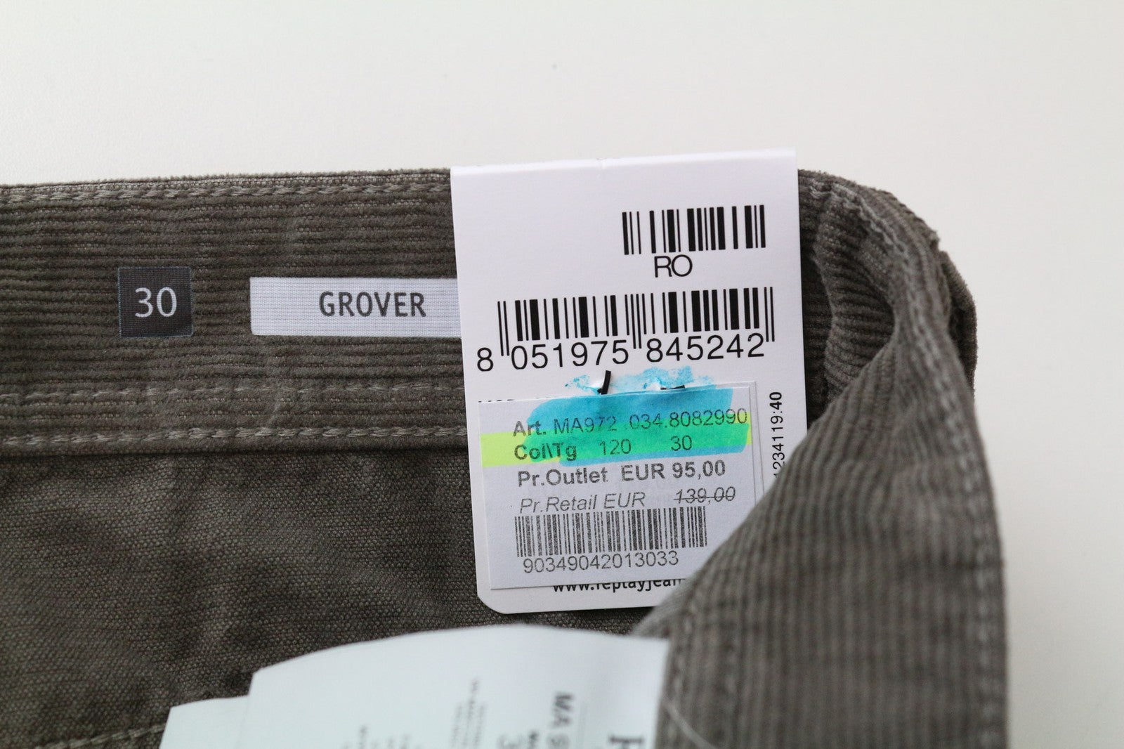 REPLAY Grover vyriškos kelnės W30/L34 tiesios rudos velveto medvilnės tamprios kelnės 