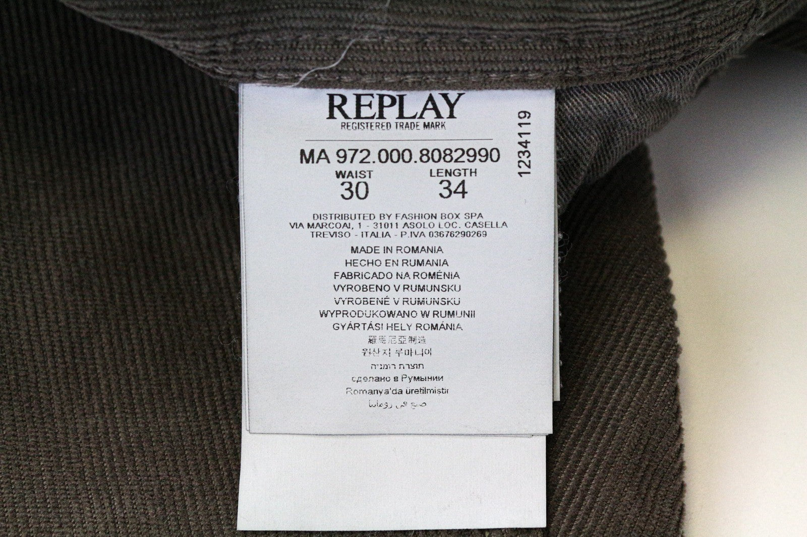 REPLAY Grover vyriškos kelnės W30/L34 tiesios rudos velveto medvilnės tamprios kelnės 