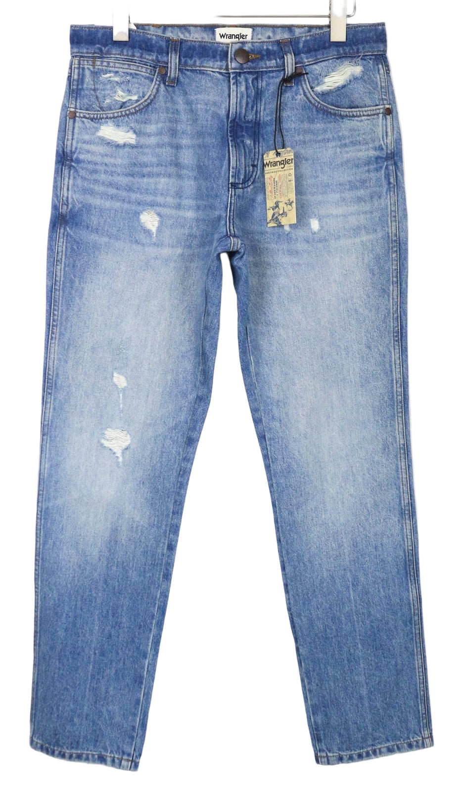 WRANGLER Greensboro vyriški džinsai W32/L32 tiesūs, įprasti, plėšyti, skalbtos mėlynos spalvos 