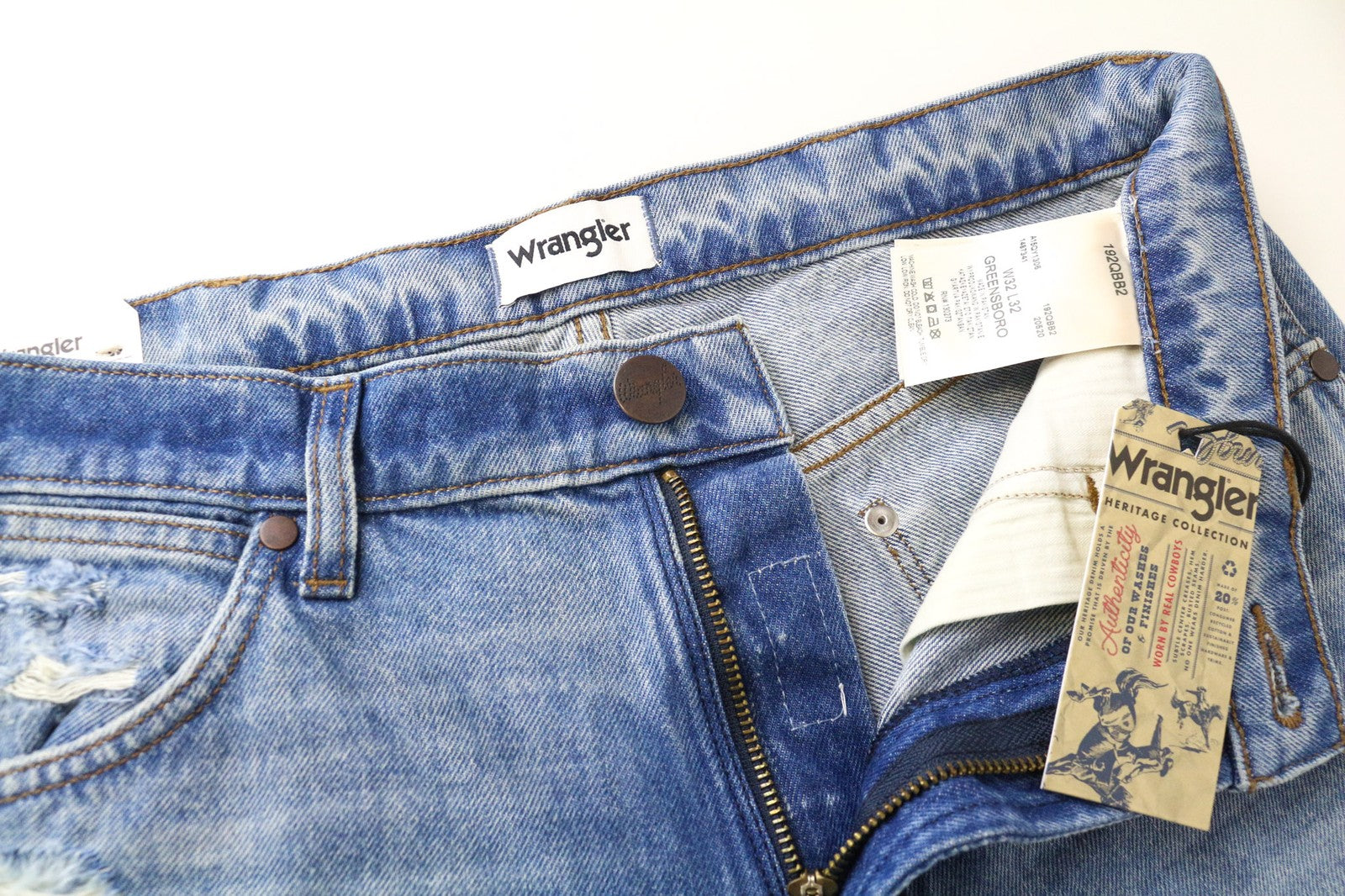 WRANGLER Greensboro vyriški džinsai W32/L32 tiesūs, įprasti, plėšyti, skalbtos mėlynos spalvos 