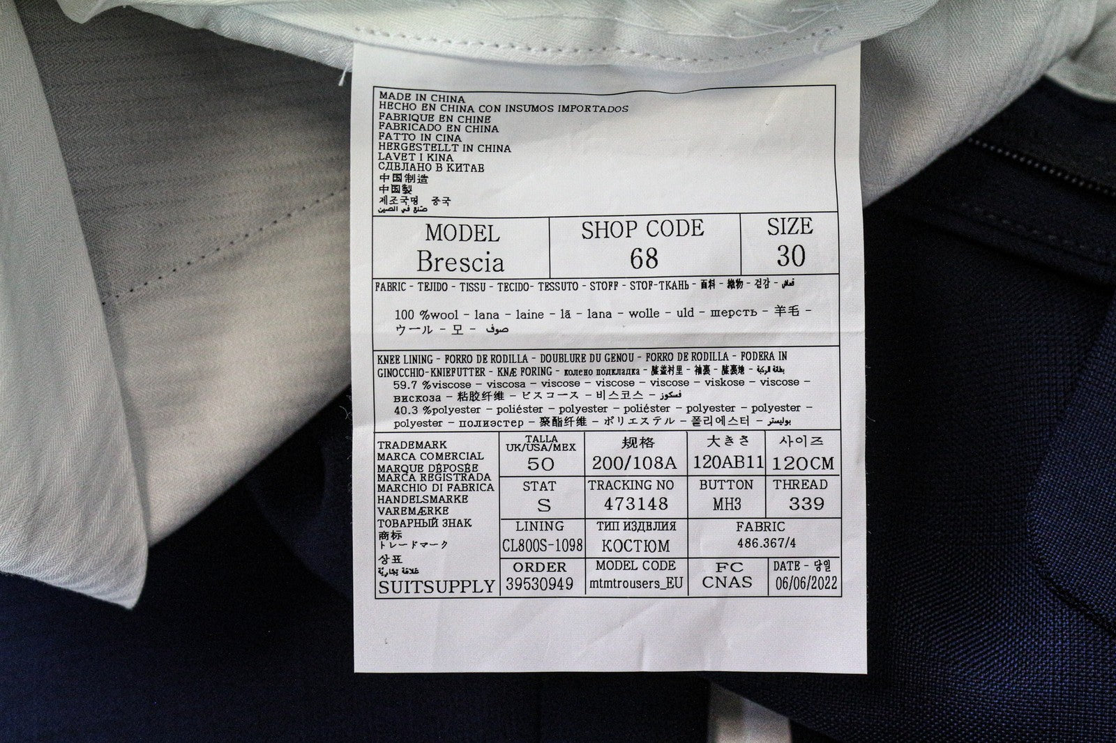 SUITSUPPLY Brescia vyriškos kelnės UK50S mėlynos vilnonės klostytos, pritaikytos klasikinės, su pamušalu 