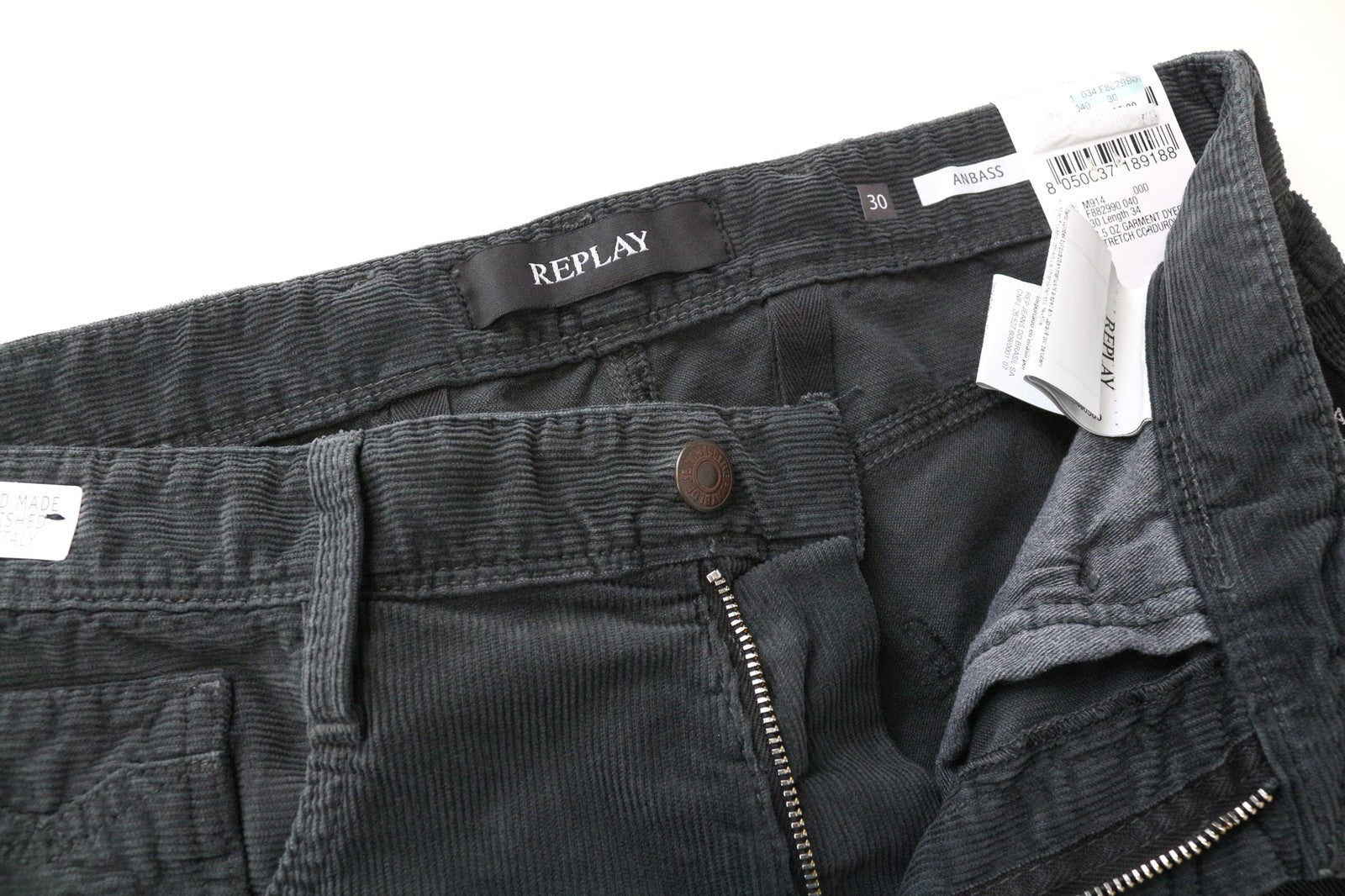 REPLAY Anbass vyriškos kelnės W30/L34 Slim pilkos velveto laisvalaikio medvilnės tamprės