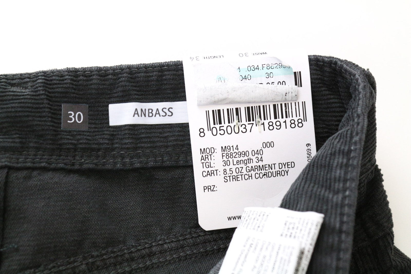 REPLAY Anbass vyriškos kelnės W30/L34 Slim pilkos velveto laisvalaikio medvilnės tamprės