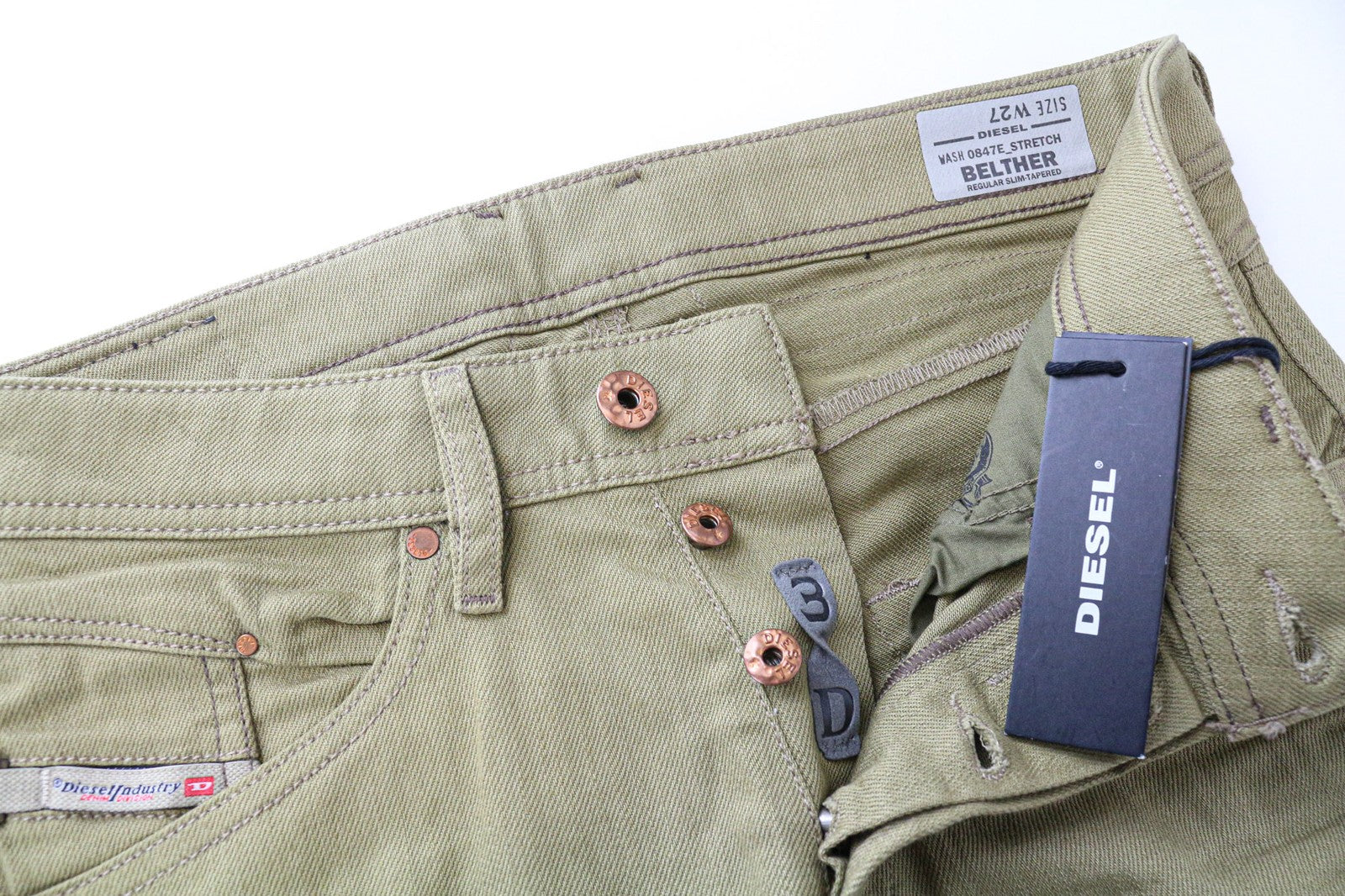 DIESEL Belther 0847E vyriški džinsai W27 Slim Taper Fit rudos medvilnės tamprės 