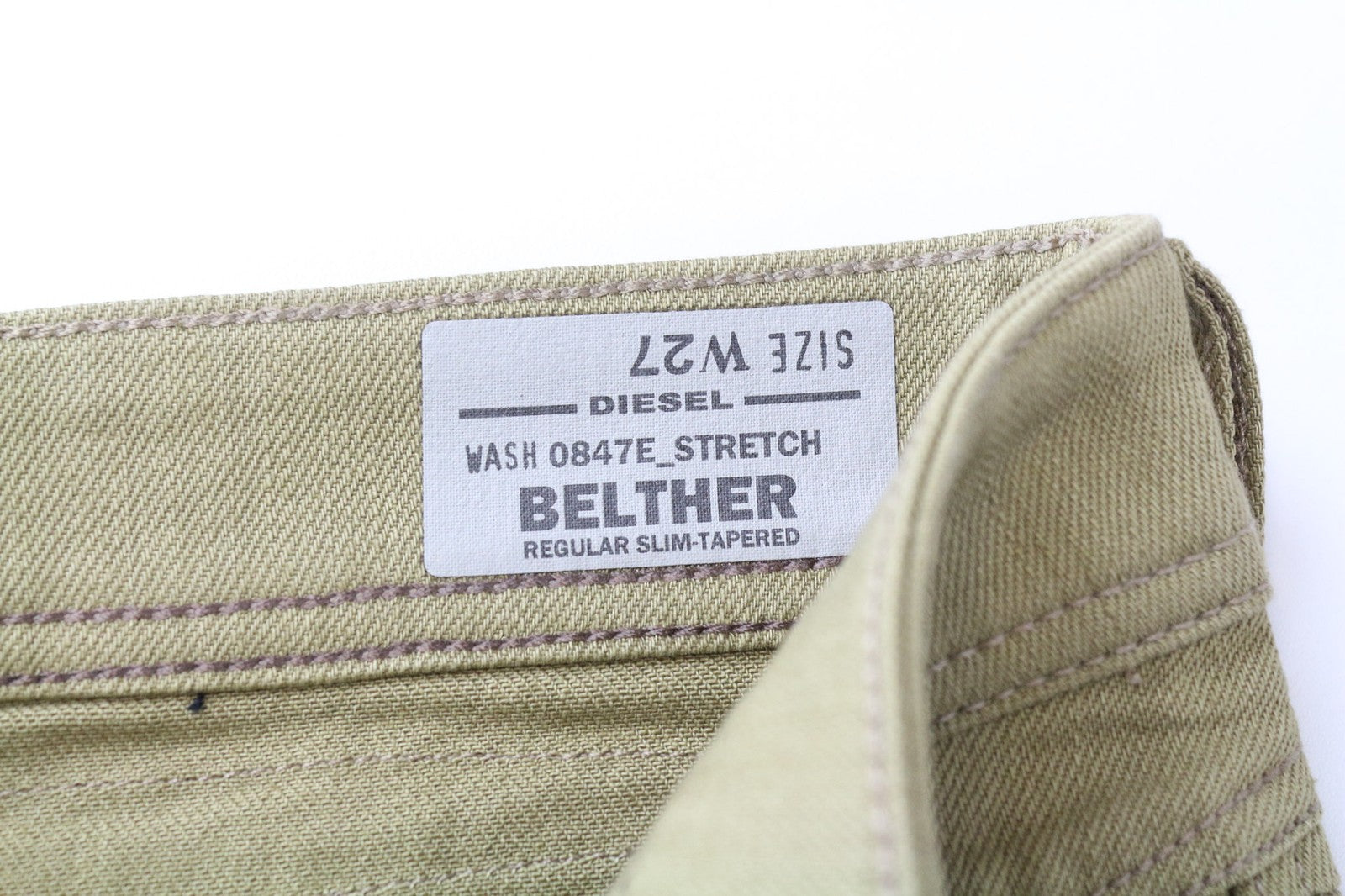 DIESEL Belther 0847E vyriški džinsai W27 Slim Taper Fit rudos medvilnės tamprės 