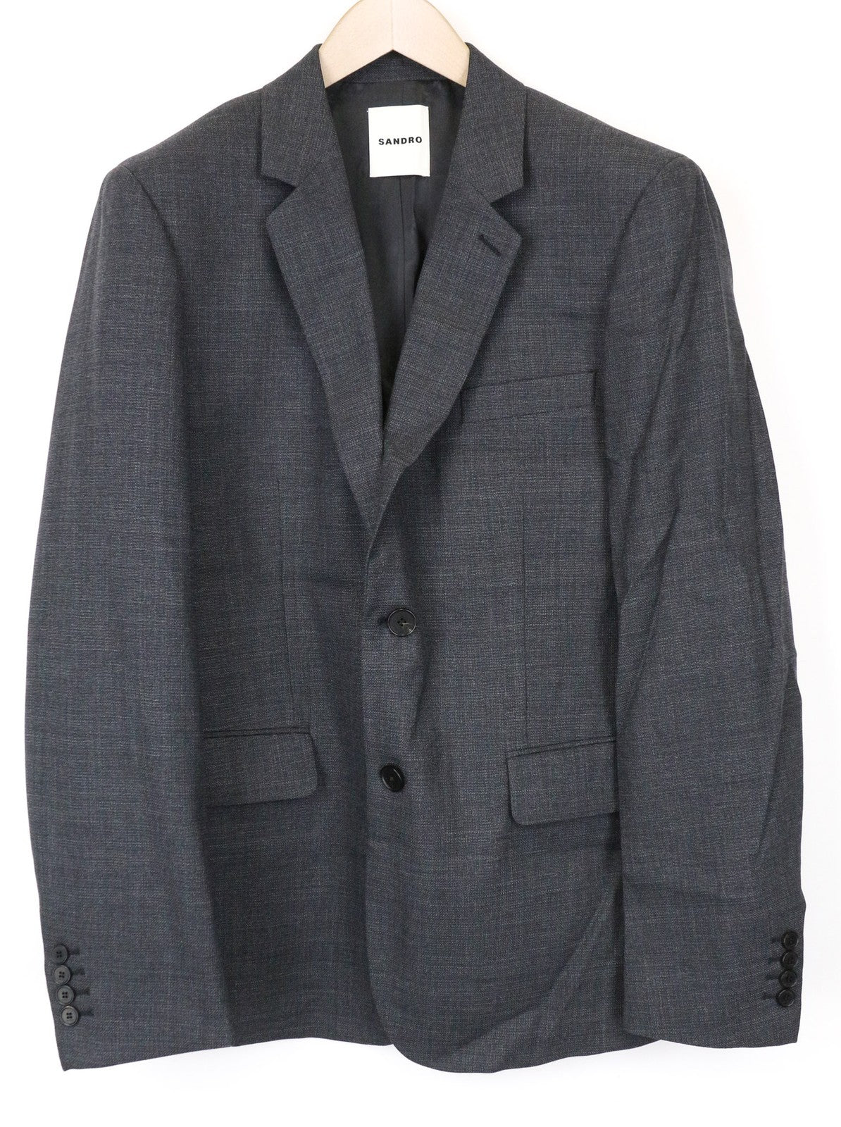 SANDRO vyriškas švarkas 52 pilkas, vilnonis, tamprus pamušalas, klasikinis, vienaeilis, rekomenduojama mažmeninė kaina – 395 € 
